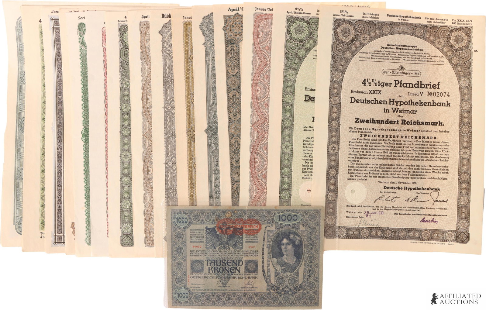 Deutschosterreich Note & German Bonds 24 Pcs: Collector's lot of twenty-four (24) historical fiscal items and currency, headlined by a post-World War I provisional Austrian 1000 Kronen banknote featuring a red Deutschosterreich overprint stamp.