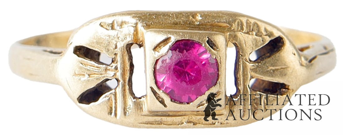 Spinel Ring August Birthstone 10K Gold Size 5.5: A size 5.5 gold ring with a bezel-set, solitaire round pink spinel; spinel is an August birthstone. The ring is unmarked but tests appropriately as gold. The spinel measures approximately 3.8 x 2.5 mm