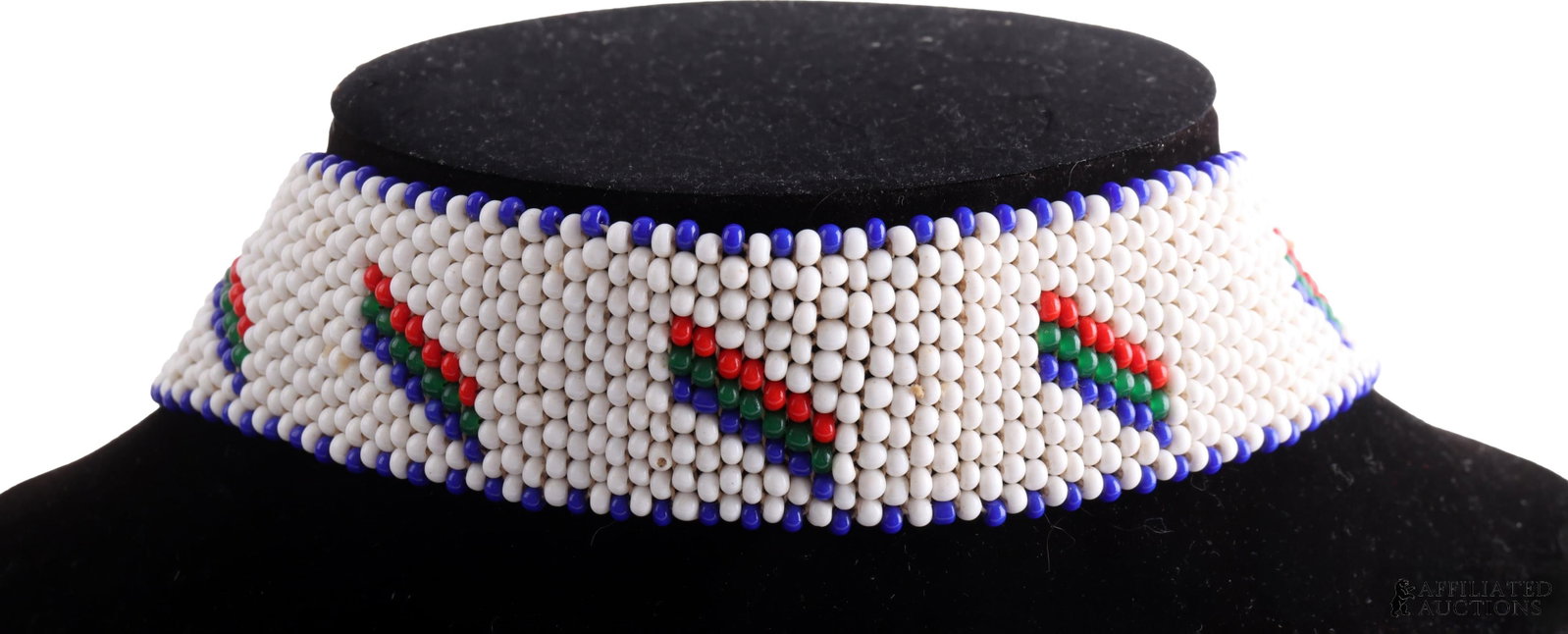 Beadwork Strip Choker Necklace Abalone Shell Discs: A beadwork choker crafted from white, blue, green, and red seed beads, decorated with two abalone shell discs featuring red, white, and blue beadwork dangles. The choker measures 15? inches by 1