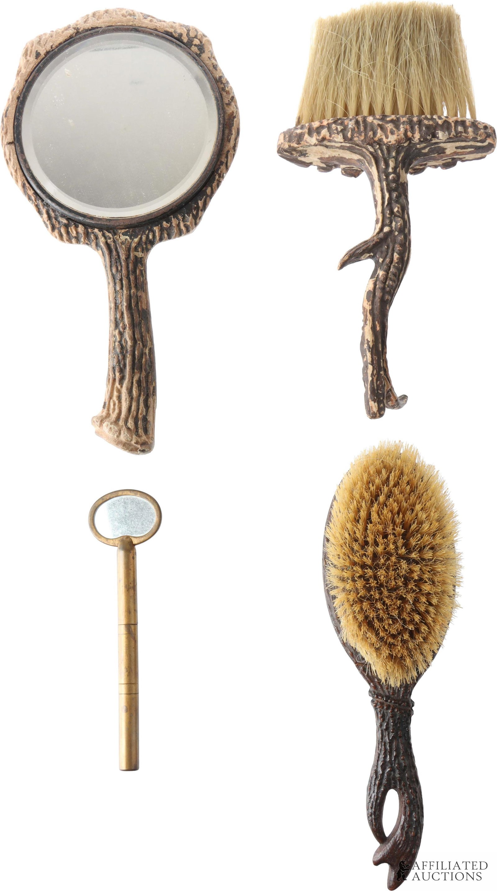Vintage Faux Bois Sterling Mirror Hairbrush 4 Pcs: Lot of four (4) pieces vintage cosmetics personal care items. Includes matching set of faux bois hand mirror & hairbrush (length 10 inches). Mirror has sterling silver monogram plate. Also includes fa
