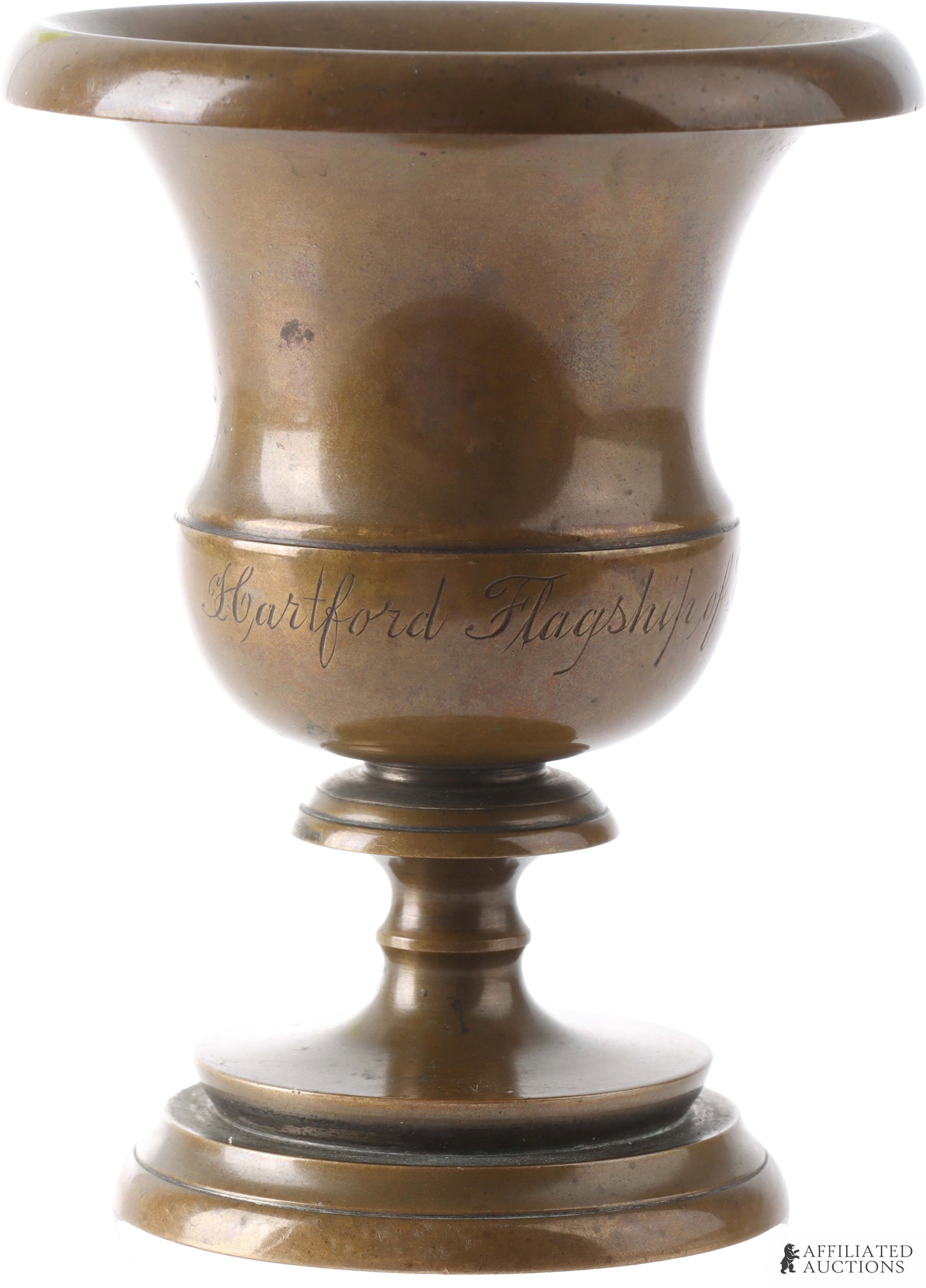 Antique Civil War USS Hartford Flagship Trophy: A trophy cup engraved across the base of the body with inscription 'Hartford Flagship of Farragut 1861 to 5'. This trophy was manufactured as a commemorative piece to honor the Civil War service of th