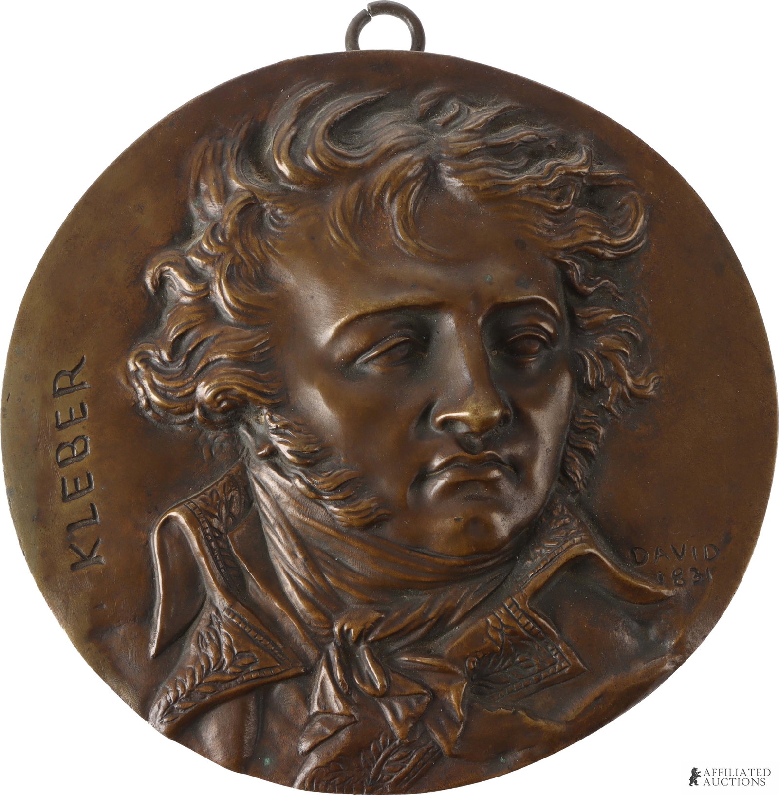 David D'Angers Antique Kleber Portrait Wall Plaque: An antique bronze wall plaque featuring art by Pierre-Jean David, a renowned French neoclassical painter and sculptor who worked under the name David d'Angers and was primarily known for his depiction