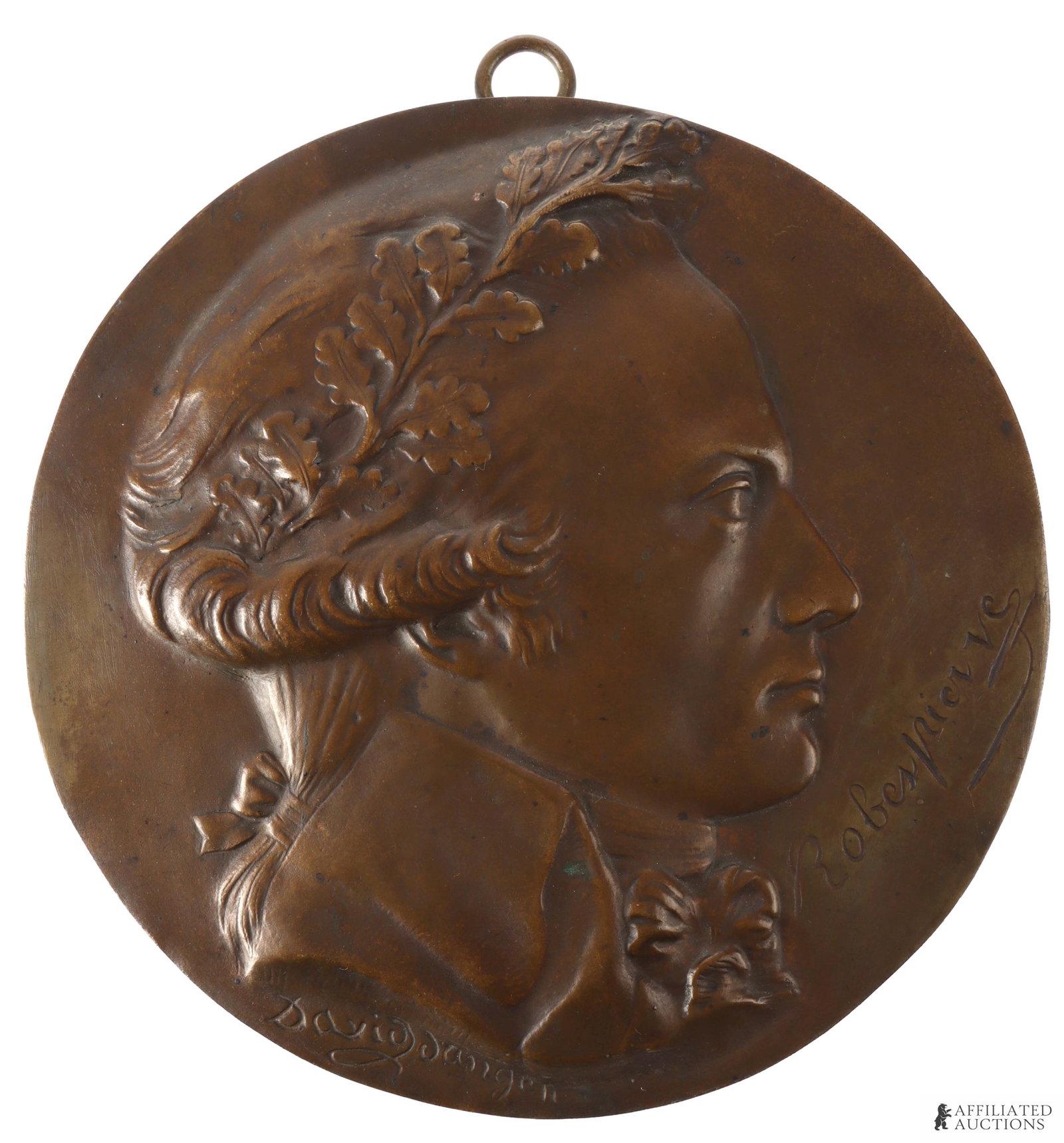 David D'Angers Antique Robespierre Wall Plaque: A vintage bronze wall plaque featuring the art of Pierre-Jean David, a renowned French neoclassical painter and sculptor who worked under the name David d'Angers and was primarily known for his depict