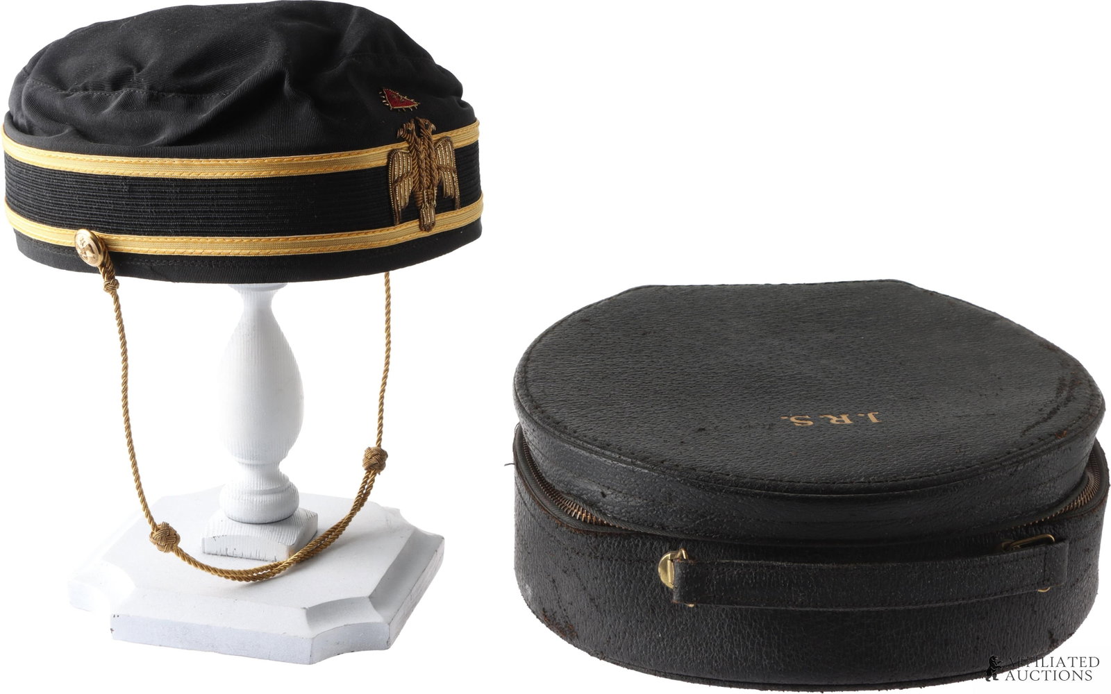 Masonic 32nd Degree Black Silk Cap: A black silk cap for a Scottish Rite Master of the Royal Secret (32nd Degree) Mason. Black silk with gold bullion threading. Named to J. R. Stokes on both the cap and the box. Made by Lou-Walt Lodge S