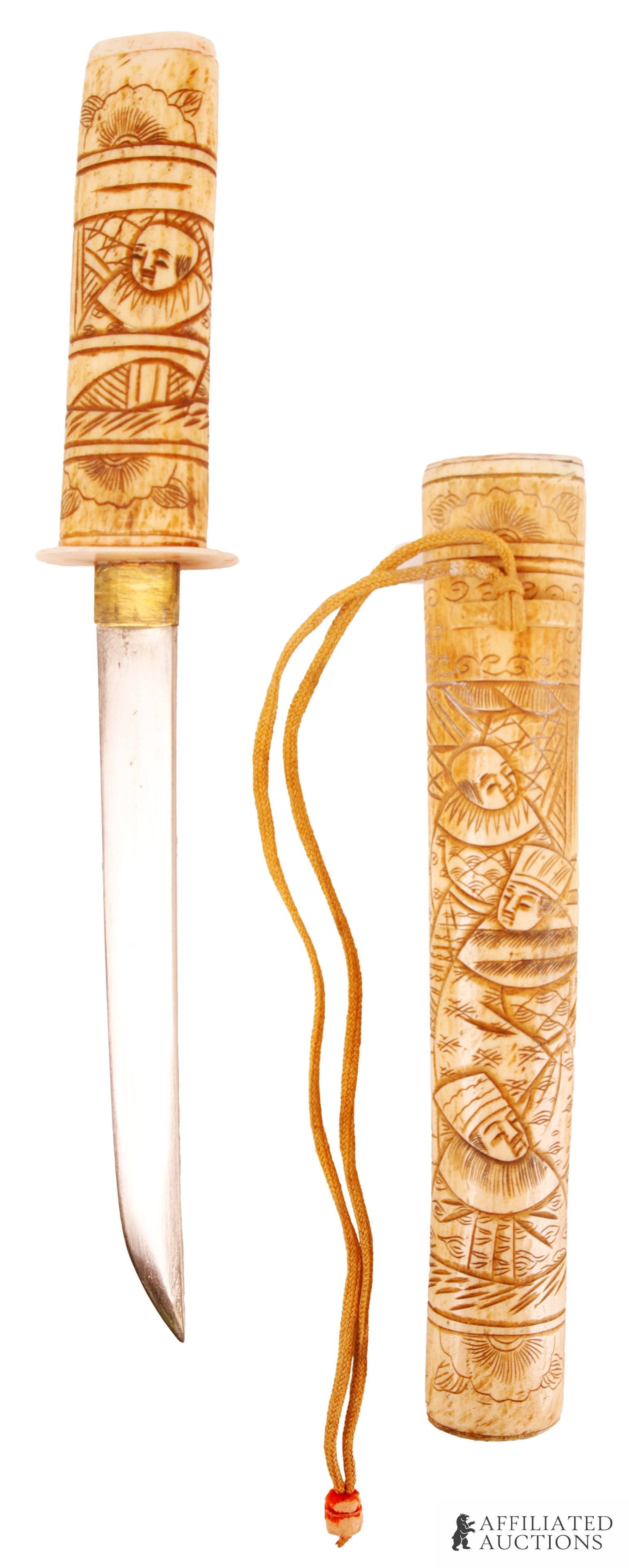Decorative Asian Sword Etched Bone Scabbard: A beautifully carved decorative sword with bone handle and scabbard. This scabbard depicts a series of figures from Japanese Buddhism and Shinto. Blade is for show and has some oxidation, with the pri