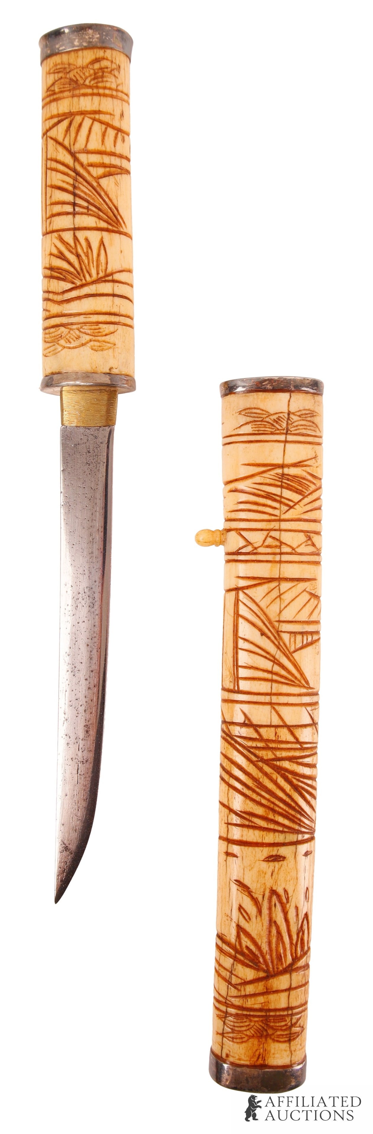 Decorative Asian Sword Etched Bone Scabbard: A beautifully carved decorative sword with bone handle and scabbard. This scabbard depicts a series of Japanese ministers and samurai. Blade is for show and has some oxidation, with the primary focus 