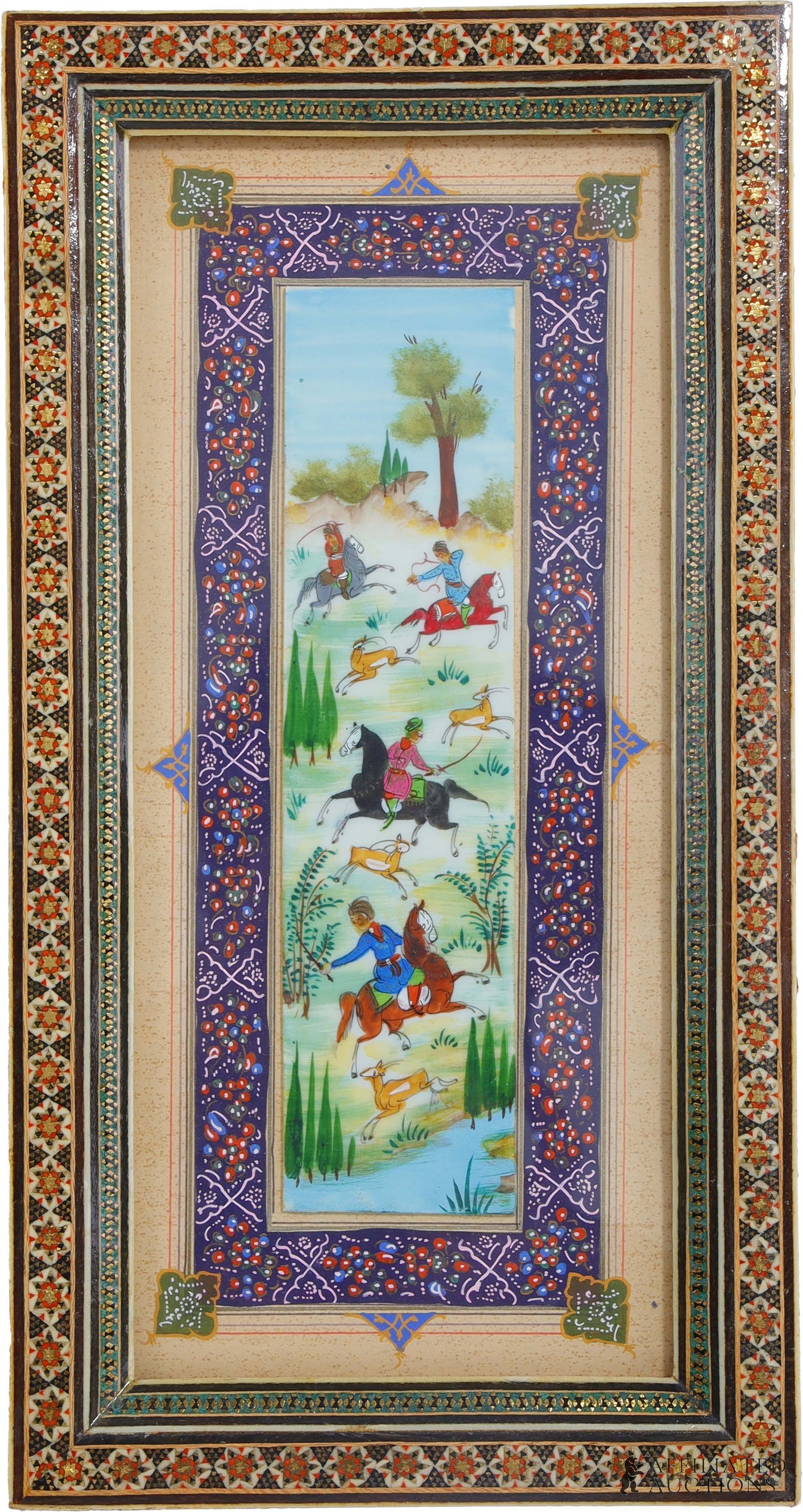 Persian Painting with Khatam Frame.: Persian Painting with Khatam Frame. This painting depicts a hunting scene with hunters mounted on horses. This painting is framed with Khatam mosaics.