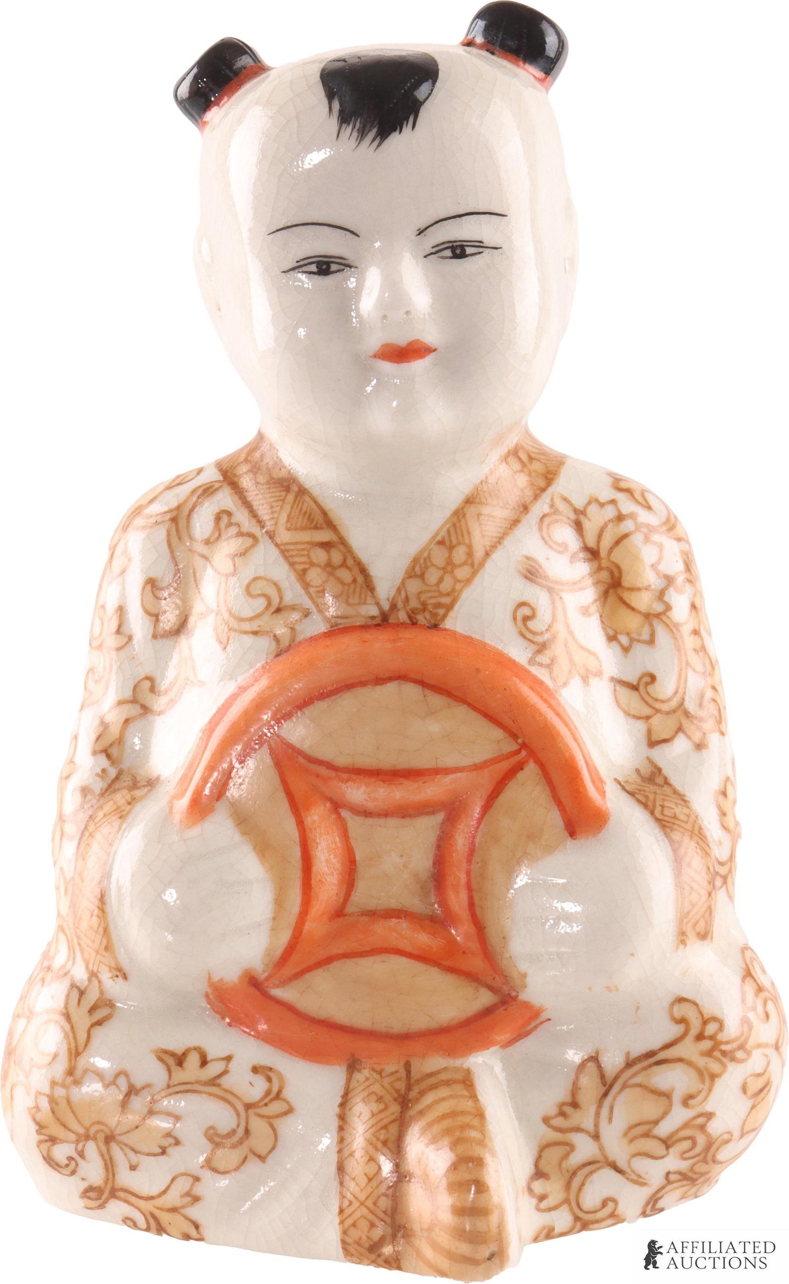 Chinese Good Fortune Baby From Gump's: A Chinese good fortune baby statue, with bi coin. Figurine is consistent with mid-century Gump production, where molds were pre-designed and shipped for overseas production and then returned to San Fr