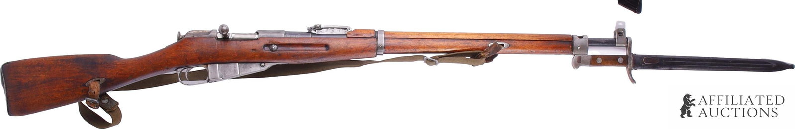 Finnish M28 Mosin-Nagant Bolt Rifle W/ M28 Bayonet: Finnish M28 Mosin-Nagant bolt-action rifle with M28 knife bayonet and carry sling. Barrel length 27 inches. Receiver ring and stock have SY markings of the Finnish Civil Guard. Barrel marked near muzz