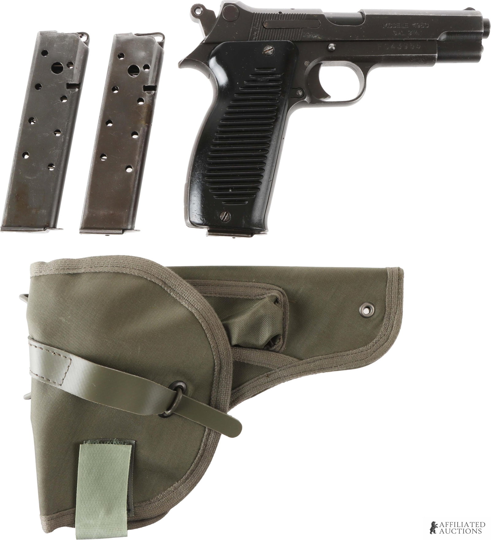 French MAC Modele 1950 9mm Luger Pistol W/ 3 Mags: French military surplus MAC/MAS Model 1950 semi-automatic pistol. Includes holster, cleaning rod, manual and three (3) 8-round magazines. Barrel length 4.5 inches. Steel frame with Bakelite grips. FFL