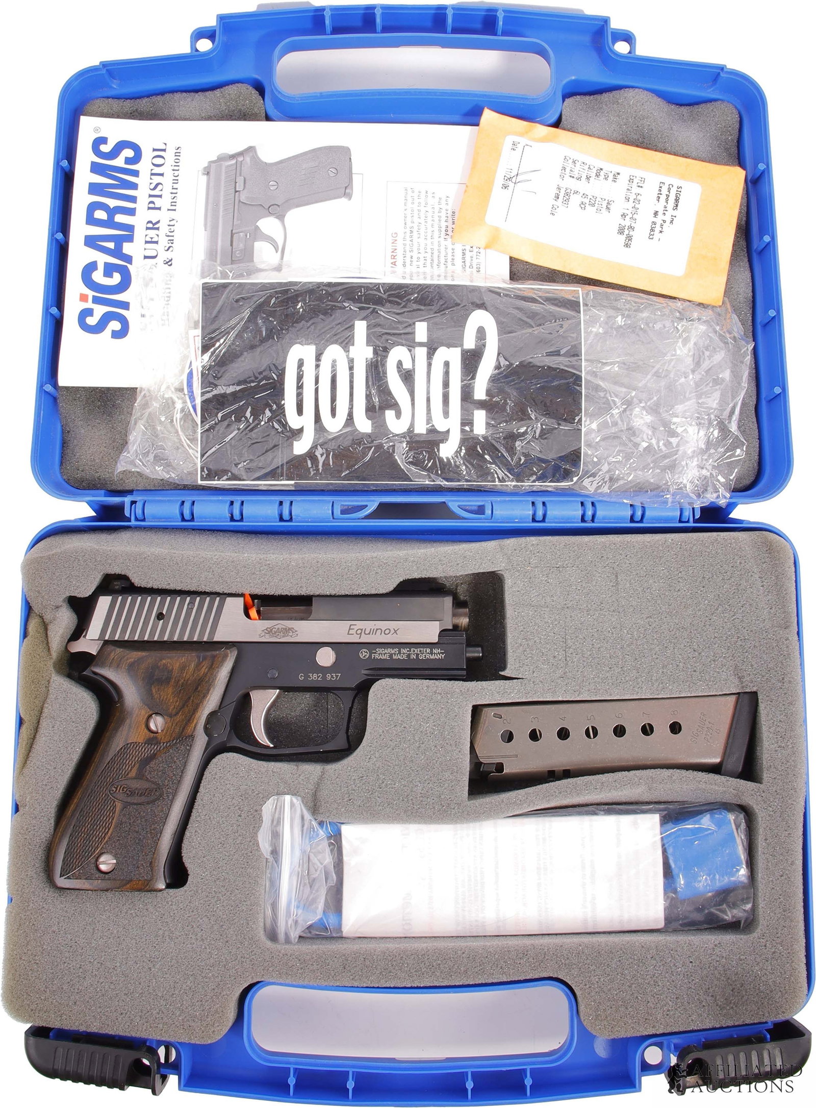 Sig Sauer P220 Equinox .45 ACP Semi Auto Pistol: Sig Sauer Custom Works P220 Equinox semi-automatic pistol. Includes one (1) 8-round magazine and original packaging. FFL required for transfer. Caliber: 45 Automatic Serial Number: G 382 937. | This
