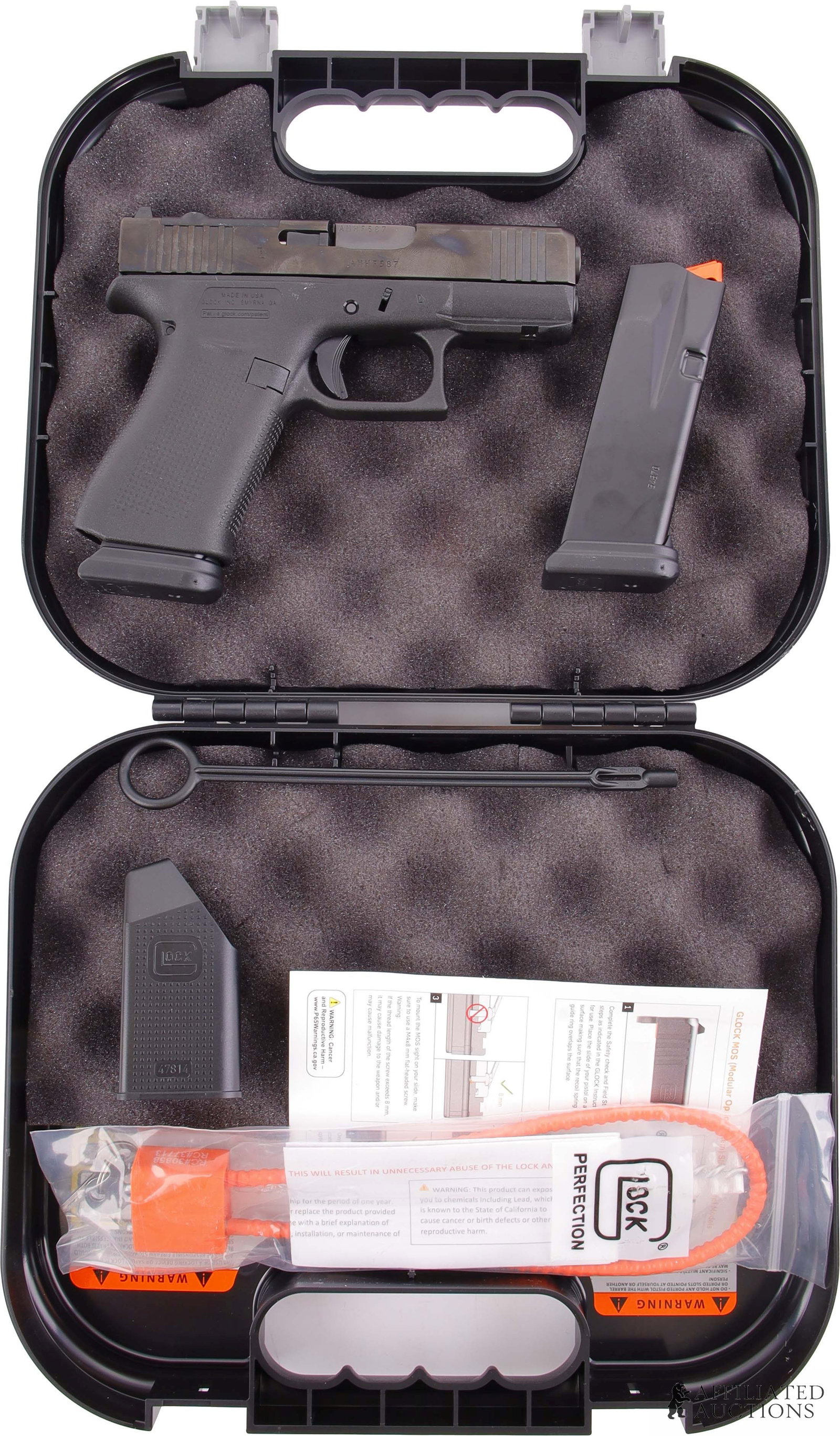 Glock 43X MOS 2x15rd 9mm Semi Auto Pistol: New in box Glock 43X MOS optic ready semi-automatic pistol. Includes two (2) 15-round magazines. FFL required for transfer. Caliber: 9mm Luger Serial Number: AMHF587 Model Number: UX4350203FRMOS. |