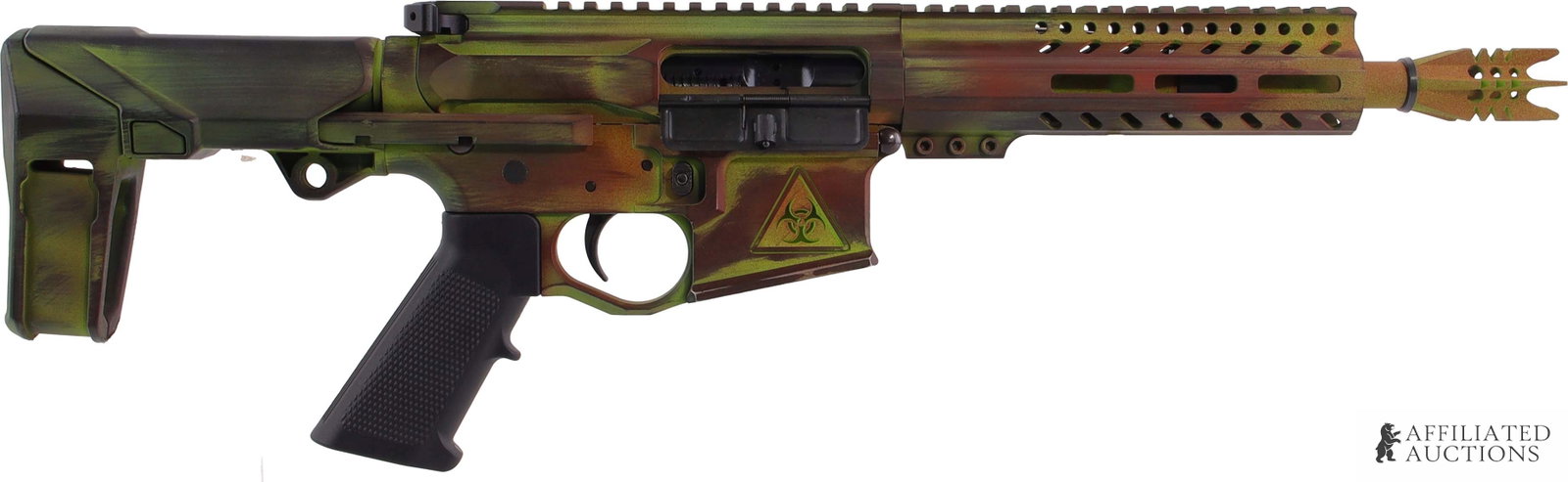 Arrowhead Custom Zombie Slayer .300 BLK AR Pistol: Arrowhead Survival AS-15 custom .300 Blackout AR pistol. Battle-worn zombie apocalypse Cerakote finish by Arrowhead Survival's custom shop in Tallahassee, Fla. Barrel length 10.5 inches inclusive of m