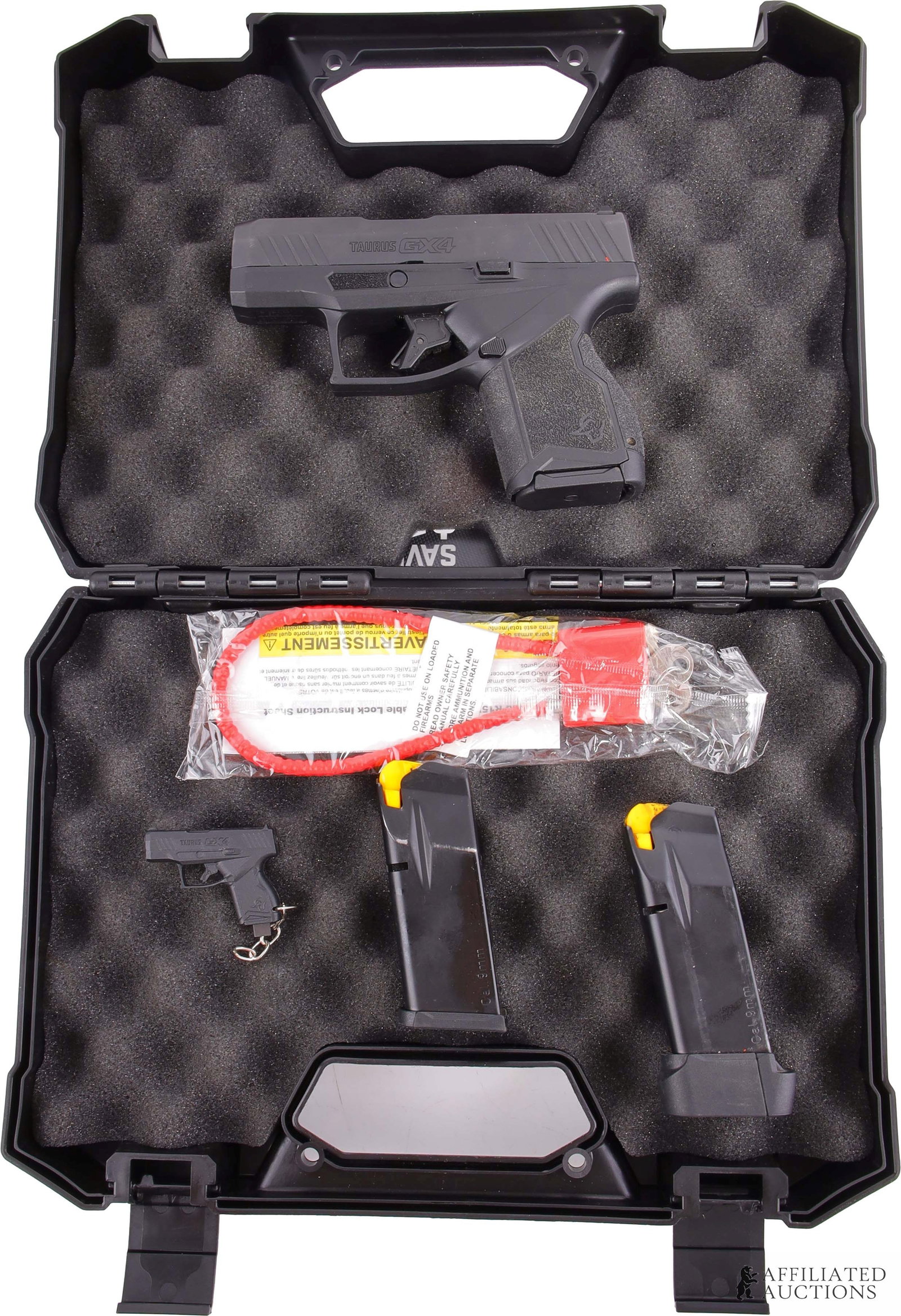 Taurus GX4 9mm Semi Auto Pistol W/ 3 Magazines: Taurus GX4 semi-automatic pistol. Includes three (3) magazines (2x11rd, 1x13rd). FFL required for transfer. Caliber: 9mm Luger Serial Number: 1GD22467 Model Number: 1-GX4M931. | This lot has a