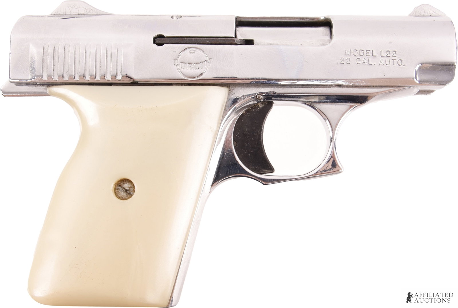Lorcin L22 Nickel .22LR Semi Auto Pistol: Lorcin L22 semi-automatic pistol. No magazine. FFL required for transfer. Caliber: 22 Long Rifle Serial Number: 095797.