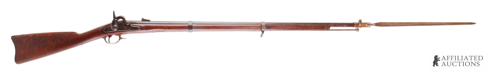 US Springfield Model 1861 Rifled Musket: Civil War US Springfield Model 1861 Rifled Musket with bayonet and ramrod. Barrel length 40 inches. Overall length 56 inches. Lock plate marked "1861 U.S. Springfield." Eagle very faint. Forend shorte