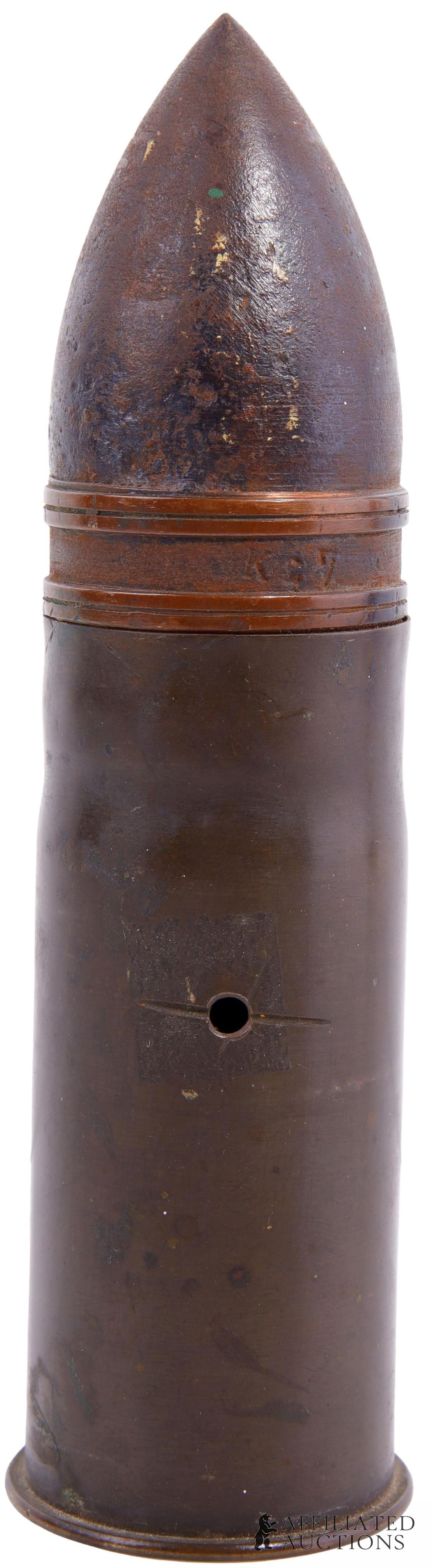 WWI French 37mm Hotchkiss Revolving Cannon Shell: Inert WWI French 37mm cartridge for the Hotchkiss Mle 1878. Case headstamped "37-85 P.D. Ps 157 2.16" with flaming bomb. Pointed projectile with double copper rotating band. Primer intact, deactivated