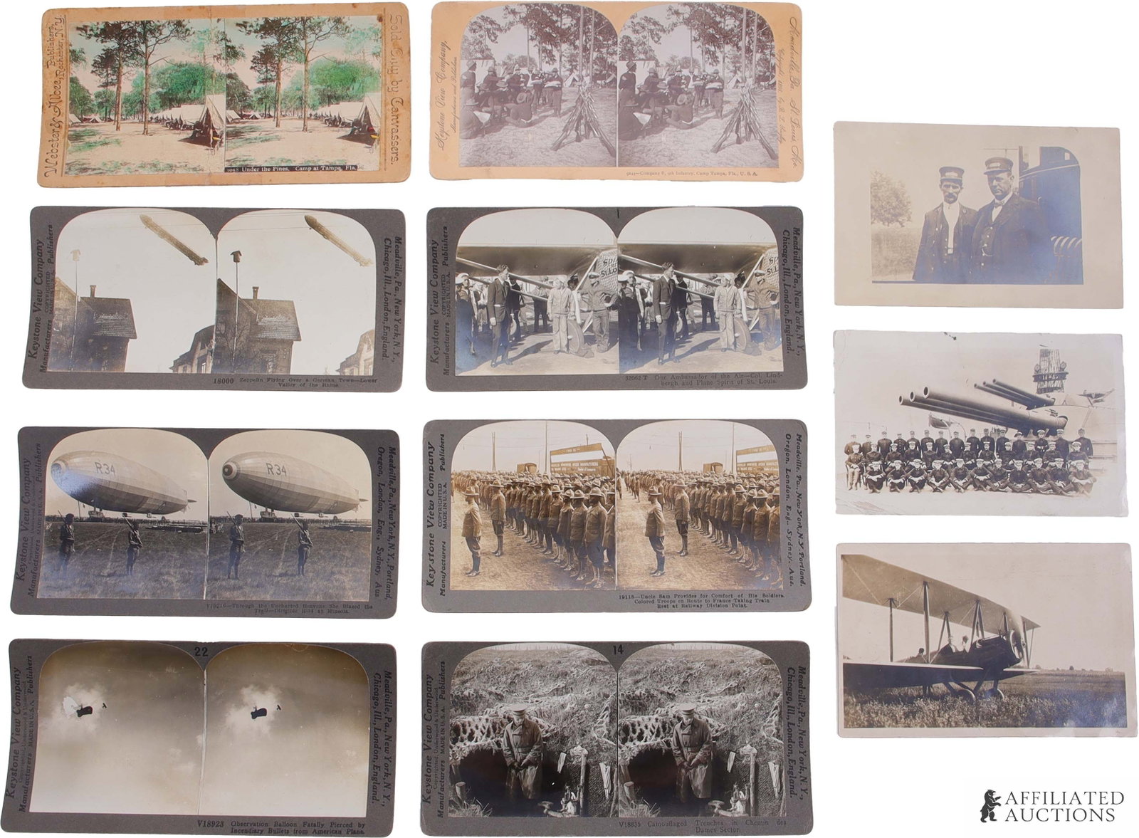 WWI Stereoview Cards Aerial Combat Keystone View: Lot of eight (8) antique stereoview cards. Includes Keystone View Company WWI cards "Observation Balloon Fatally Pierced by Incendiary Bullets from American Plane," "Camouflaged Trenches in Chemin des