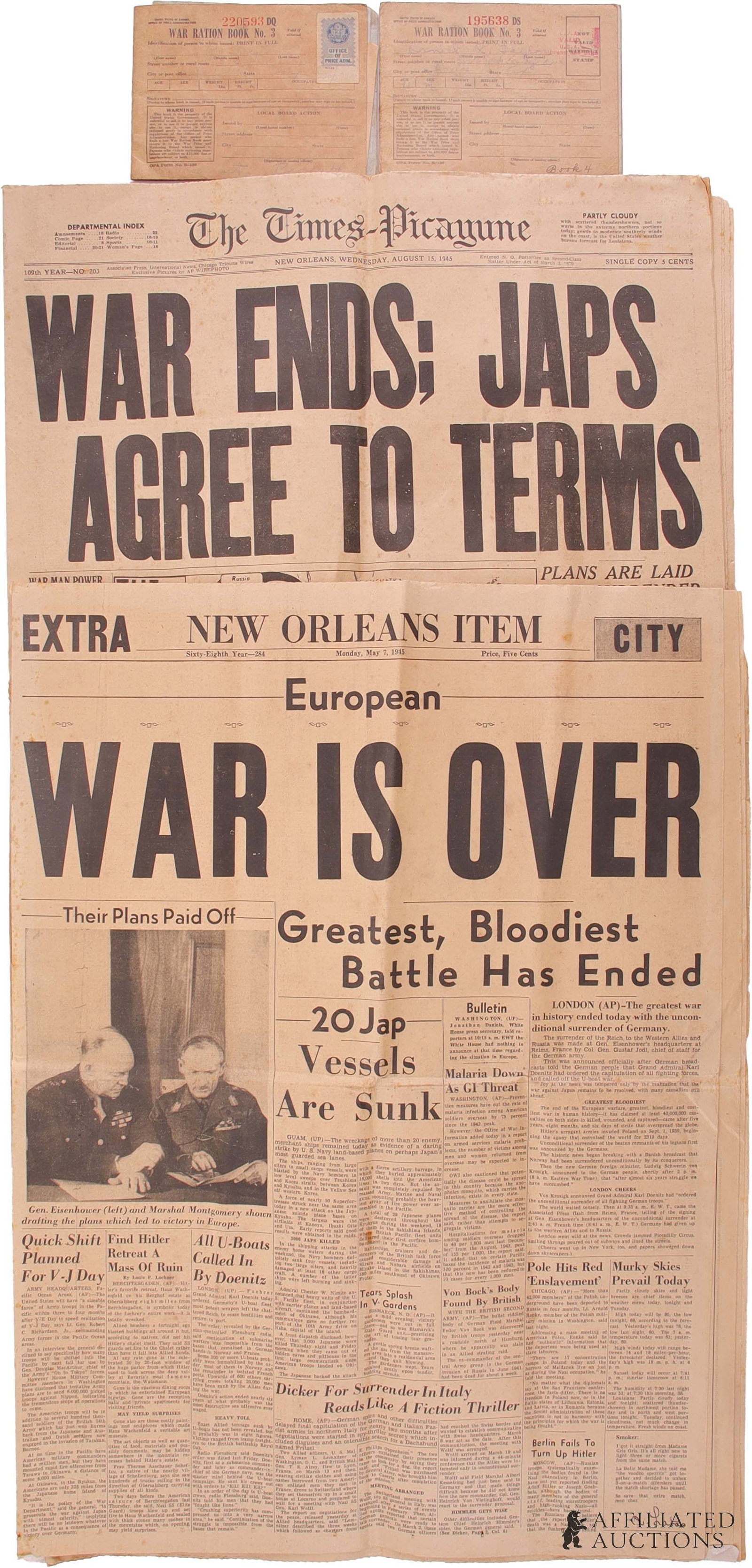 WWII New Orleans Victory Day VE VJ Day Newspapers: Lot of four (4) pieces WWII ephemera. Includes August 15, 1945 issue of the New Orleans Times-Picayune headlined "War Ends; Japs Agree to Terms," and May 7, 1945 issue of the New Orleans Items with he