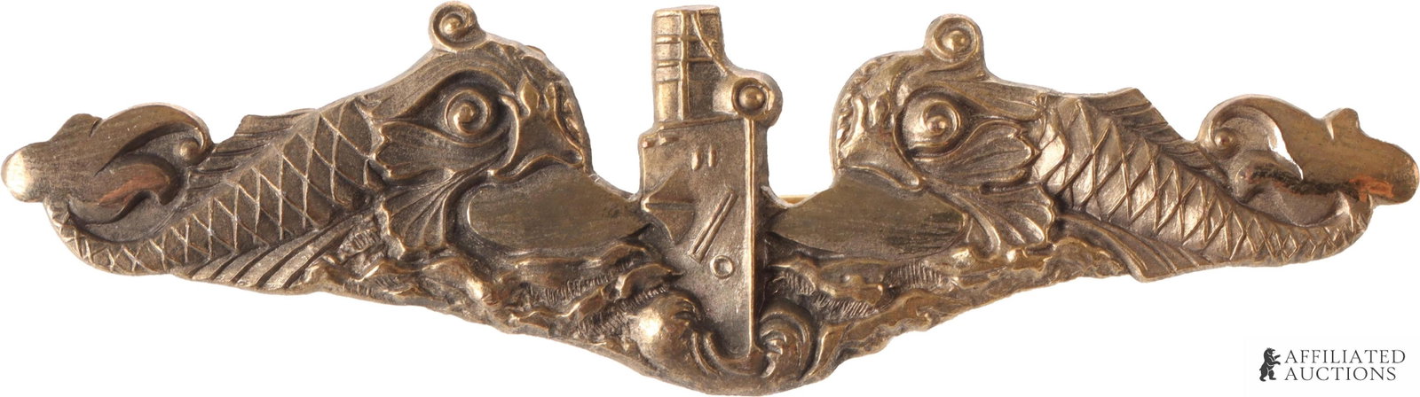 WWII US Navy Submarine Dolphin Badge Pasquale Make: US Navy Submarine Dolphin badge. Maker marked by San Francisco Jeweler 'Pasquale'. Measures 20mm x 72mm. | This lot has a reserve.