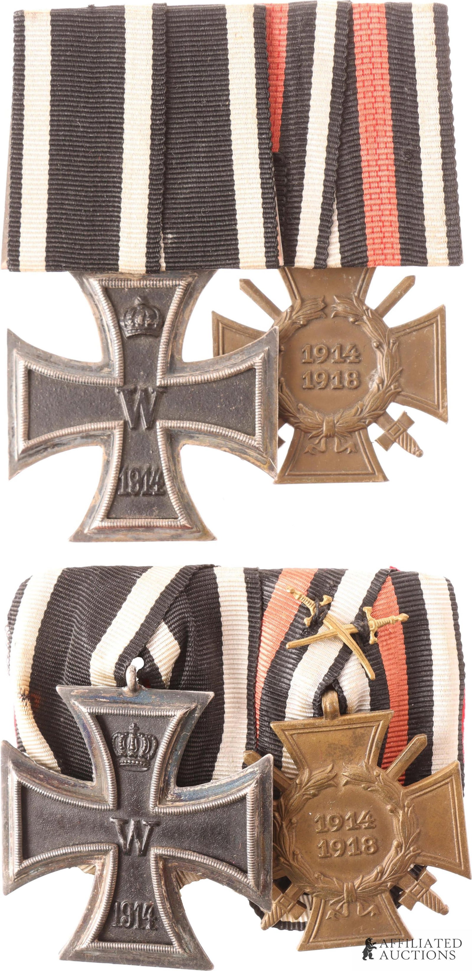 WWI Imperial German Two-Place Medal Bar Lot of 2: Lot of two (2) two-place medal bar. Both with Iron Cross, 2nd Class and Hindenburg Cross. Both Hindenburg Crosses have maker's mark of Gebruder Gloerfeld on reverse.