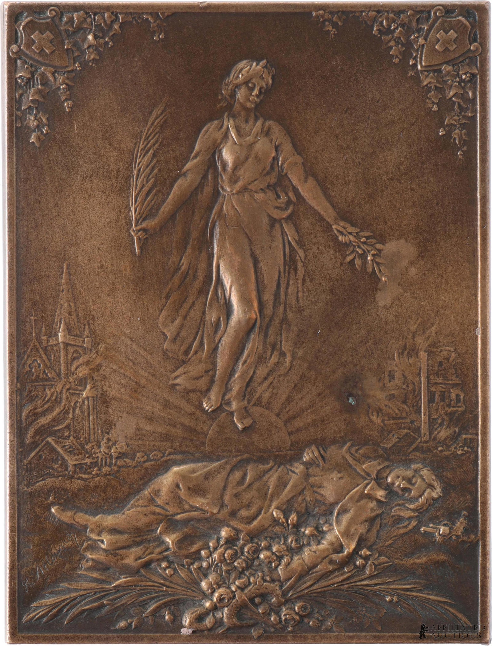 WWI French Nurses of the Red Cross Allouard Bronze: Bronze award plaquette "Aux Dames De La Croix Rouge." Designed by Henri Allouard and manufactured by the Paris Mint ca. 1916. Signed "H. Allouard" on both sides. Obverse, a nurse guides a soldier who 