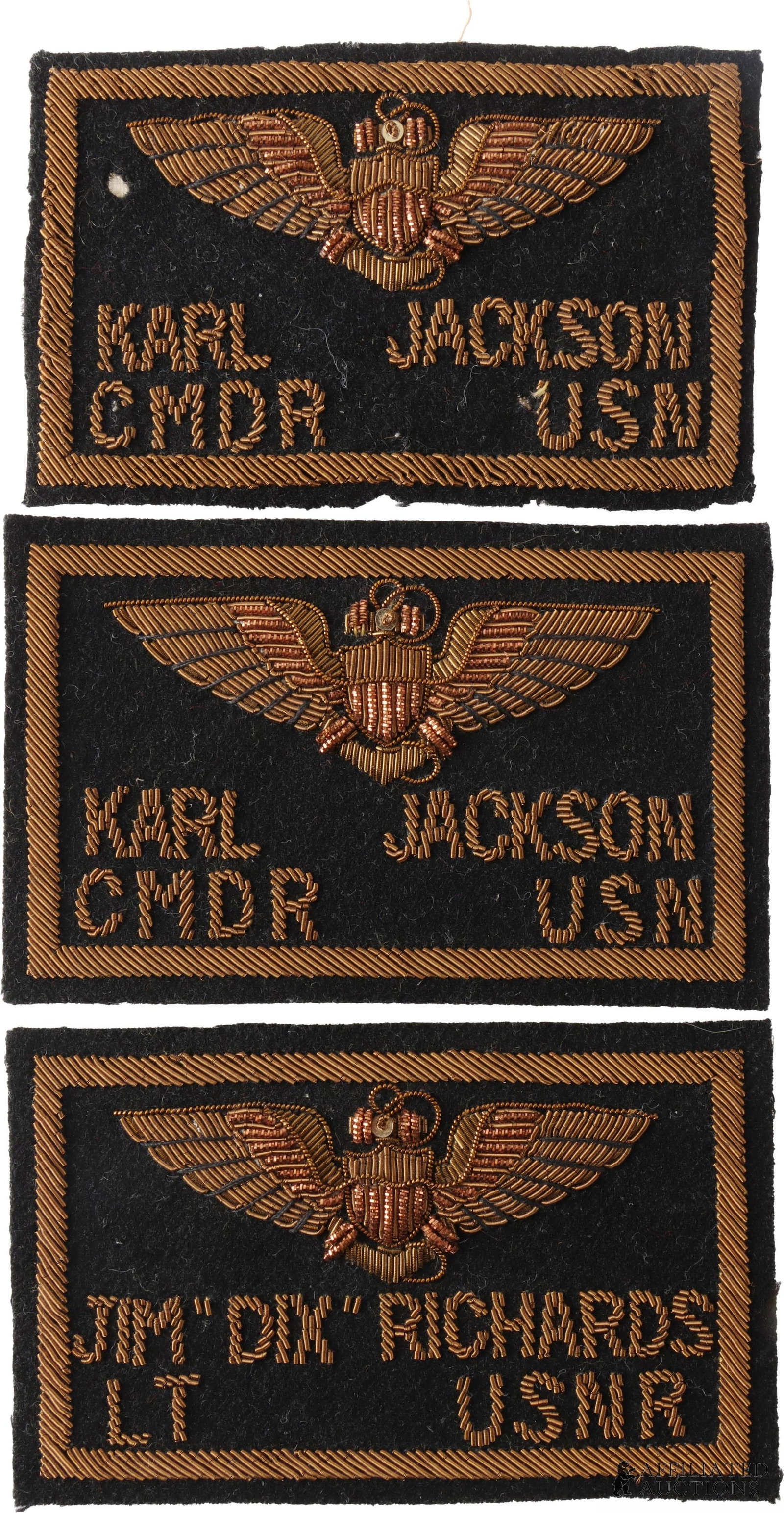 Vintage USN Flight Patches Black Felt Lot of 3: A lot of three black wool or felt United States Navy patches with wire embroidery aviator insignia, name, rank, and branch; construction is black felt. Includes two patches embroidered with 'KARL JACK
