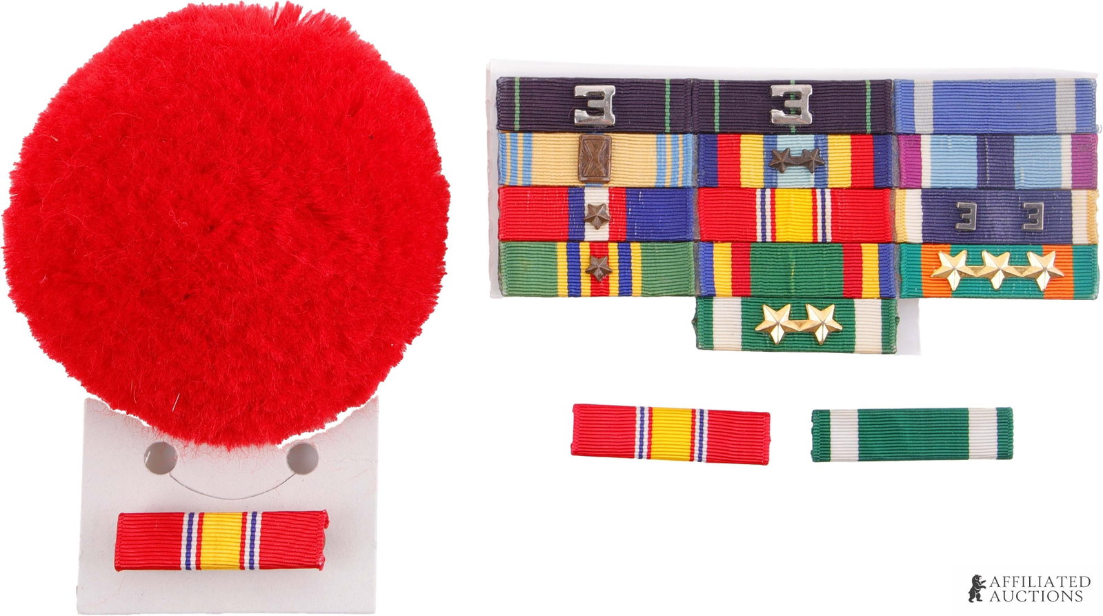 Assorted Militaria Badges Ribbons Medal Bars: A lot of 16 assorted United States military service ribbons and medal bars (primarily Naval) and the iconic red pompon (pom pom) used to cover the same knot on a Bachi (French military beret). Include