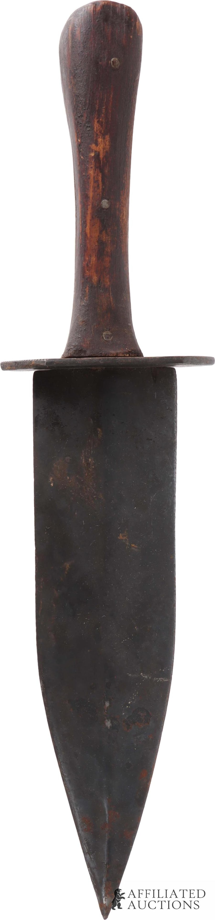 Primitive American Bowie 12" Single-Edge Knife: A primitive American-style single-edge Bowie knife with a wood handle. 8" full-tang blade, 12 3/4" overall.