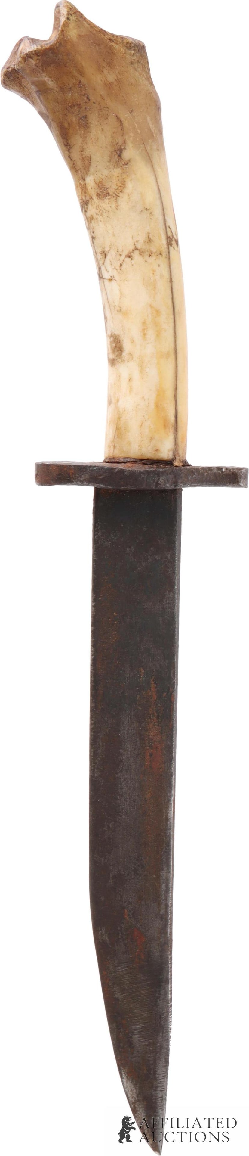 Antique Hand-Forged Bowie Frontiersman's Knife: An antique hand-forged Bowie frontiersman's knife with a natural animal bone handle and a straight guard. Overall length approx. 11 1/2"; blade length 7". Unmarked, sold as-is.