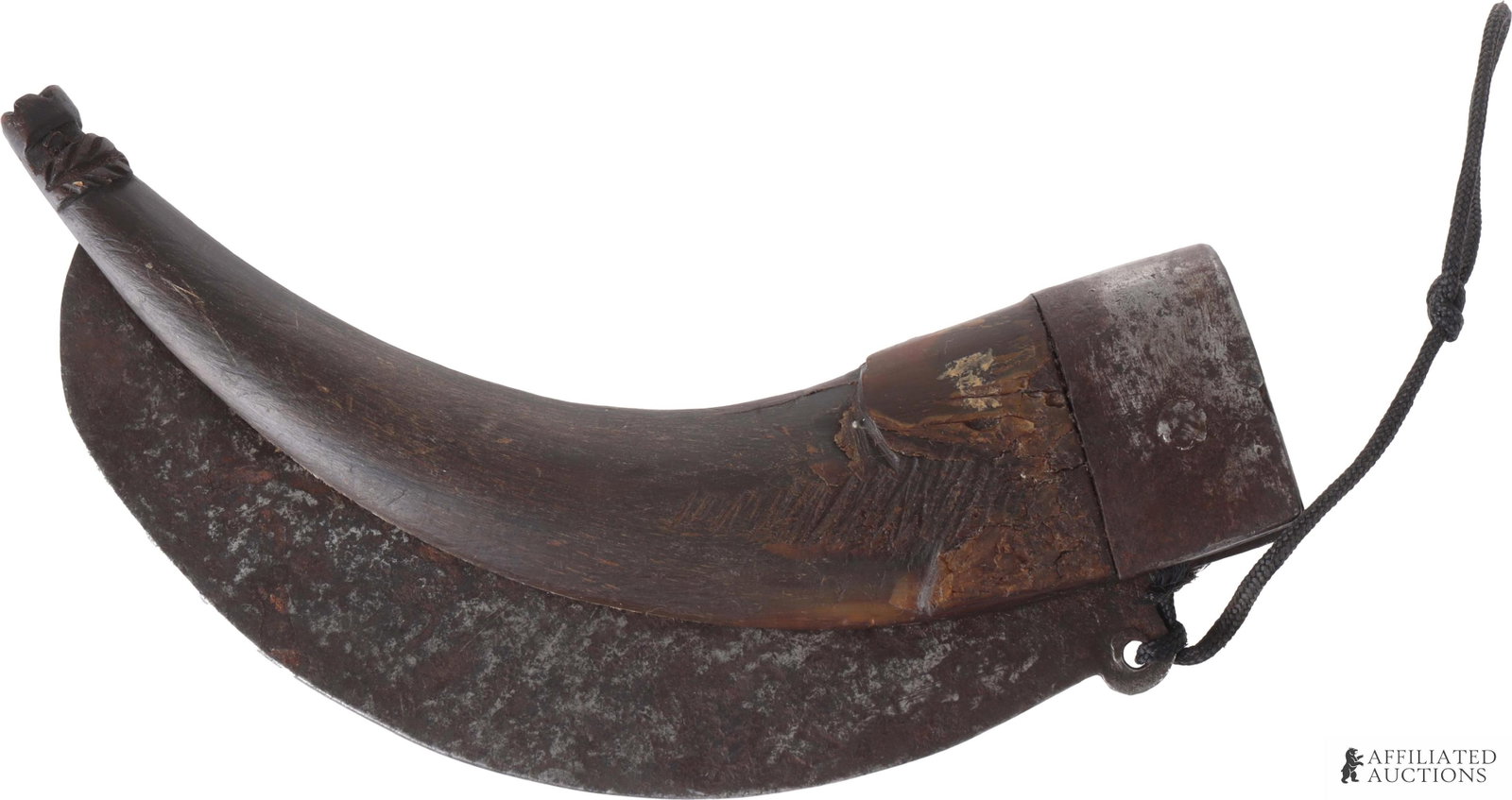 Antique Mexican Navaja 19th Century Folding Knife: A large antique 19th century Mexican Navaja, a type of curved folding knife. This particular Navaja has a sheath handle of dark-colored horn or bone, carved to look like a banana with a part of leaves
