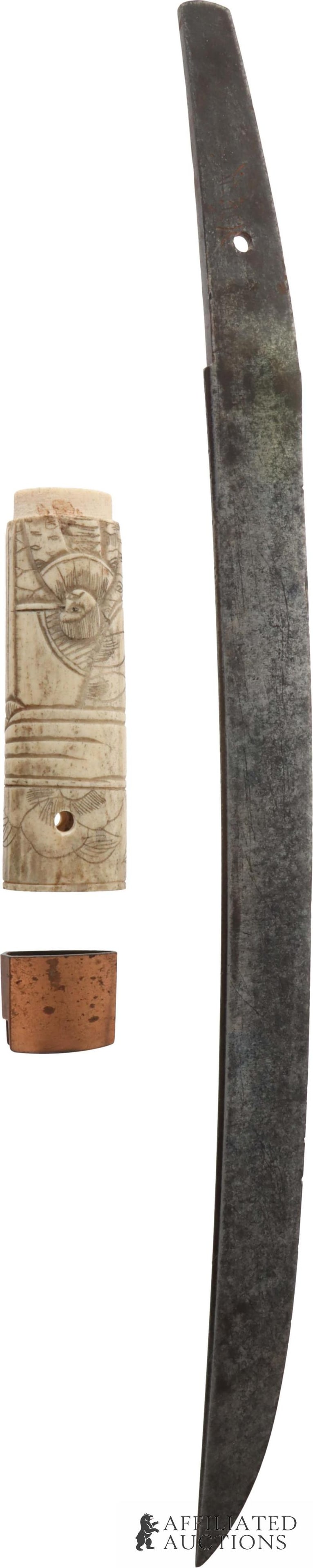 Japanese Steel Sword with Etched Bone Handle: A decorative/art Japanese wakizashi with a bone handle and short hand guard of brass or similar. The tang is marked with a gimei. Beautiful patina on blade, slight oxidation on tang. Handle is etched 