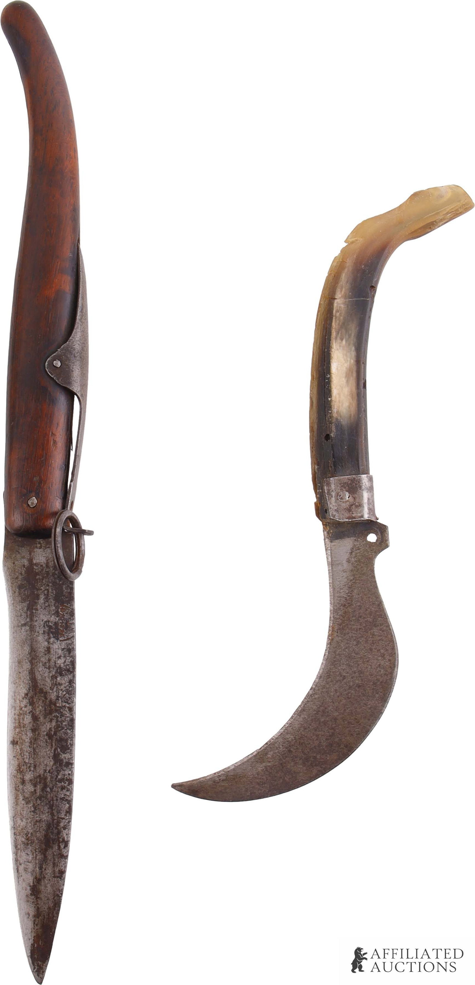 Antique Navaja Folding Knife 19th Century Spanish: A lot of two antique navaja folding knives, one with a bull horn handle (5 1/4" blade, 10 1/2" overall) and one with a wood handle and a pull-ring used to release the blade from the locked position (5