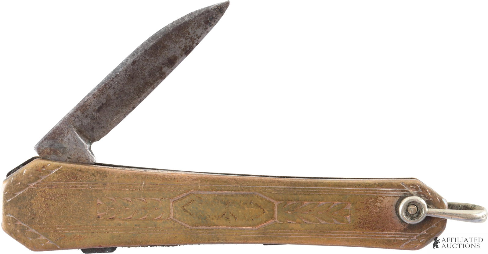 Vintage F. P. Co. Pocket Knife Gold Fill Art Deco: A vintage F. P. Co. gold-filled art deco-era folding pocket knife. Features one pen blade measuring approximately 1 1/8" and a metal loop at one end, possibly intended for attaching to a watch chain. 