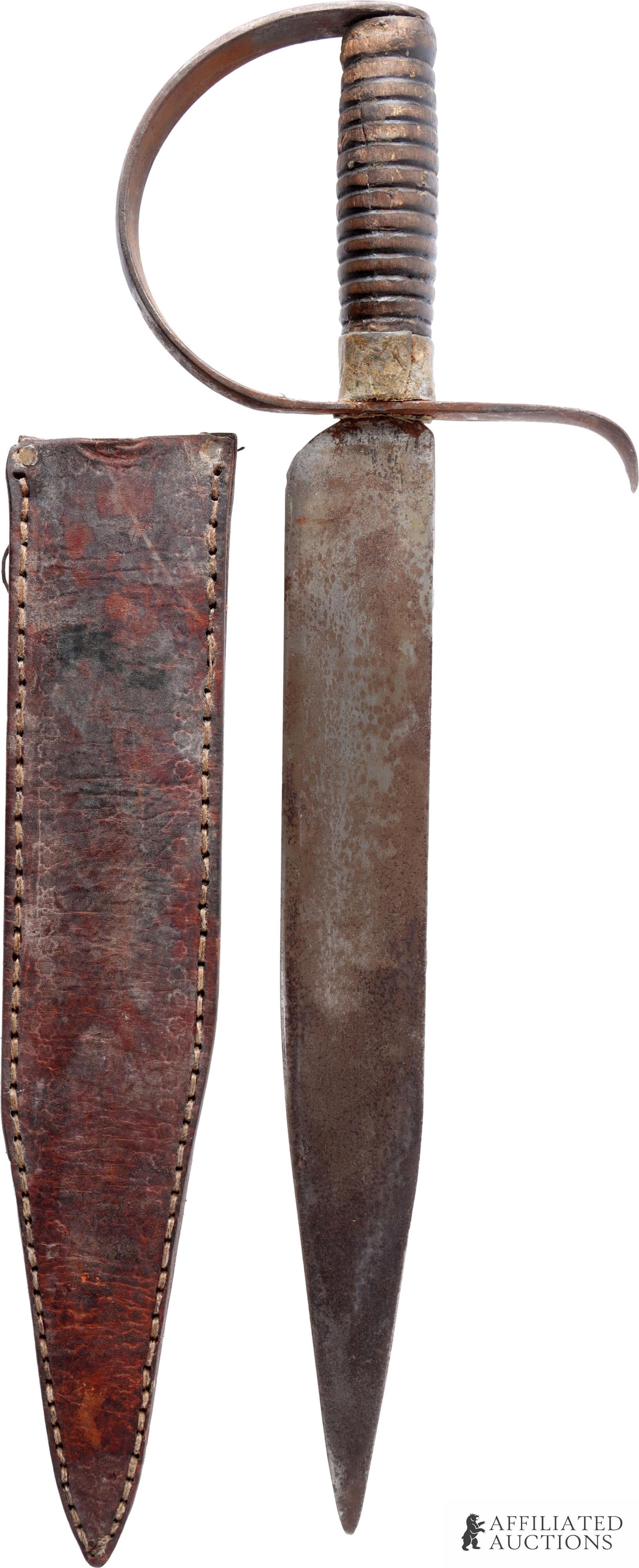 Confederate Style D Guard Short Sword: Steel blade with iron 'D' guard and ribbed wooden grip. Blade appears to be made from a different item and not forged as a blade. Housed in leather sheath. It measures 20 1/4 X 2 inches.