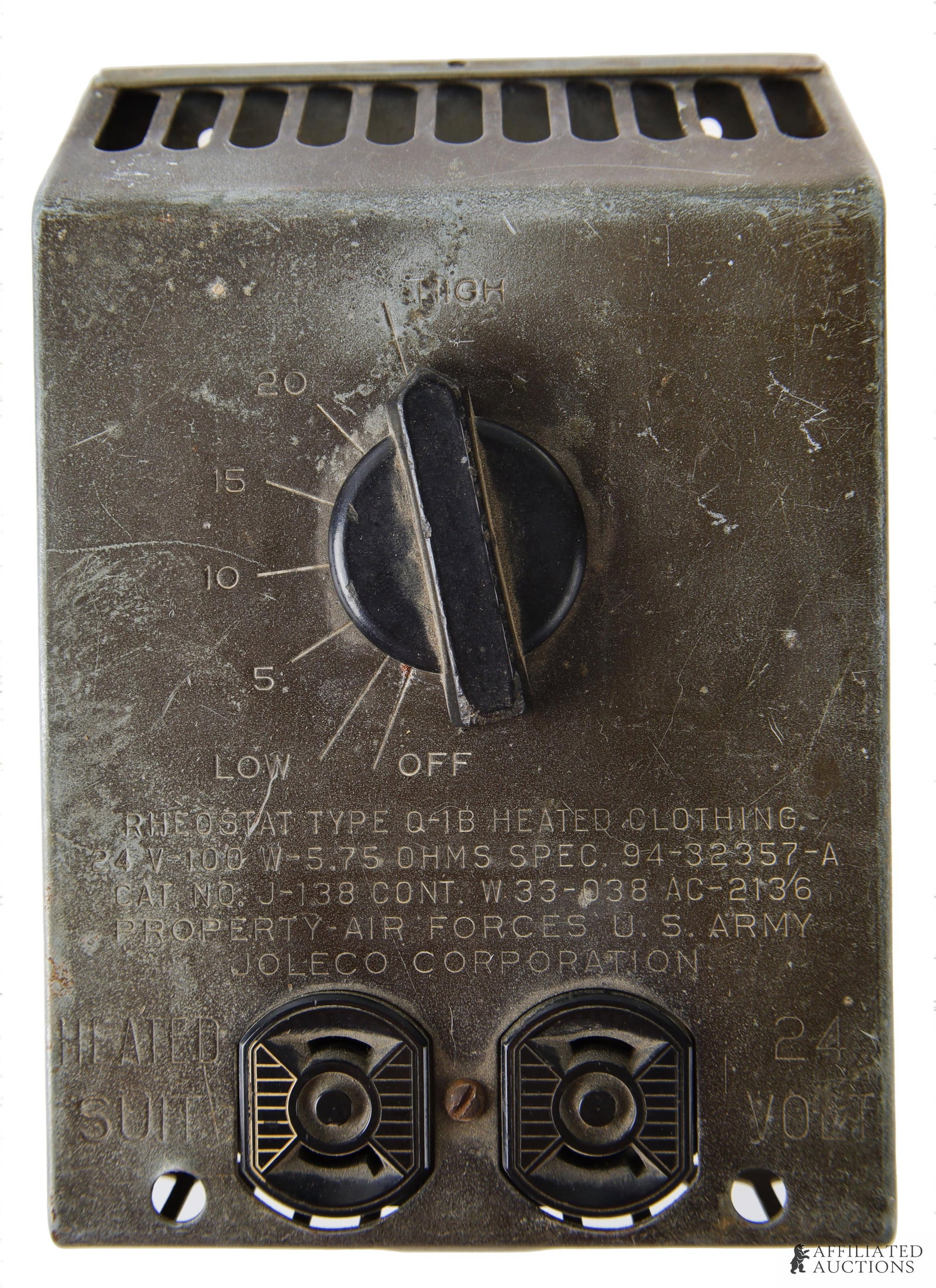 WWII USAF Rheostat Type Q-1B Heated Clothing: Original WWII-era United States Air Force-issued Rheostate Type Q-1B. Used for heating flight suits. Stamped 131 on reverse.