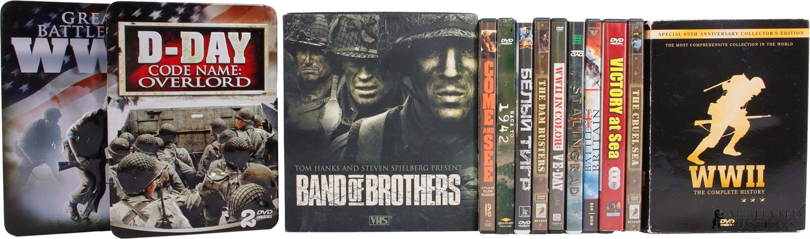 Collection of WWII Documentaries & Films Large Lot: A large lot of World War II documentaries and movies; includes 31 DVDs and VHS cassettes, comprising almost 80 hours of total runtime. Includes the 66th anniversary collector's edition box set of 'WWI