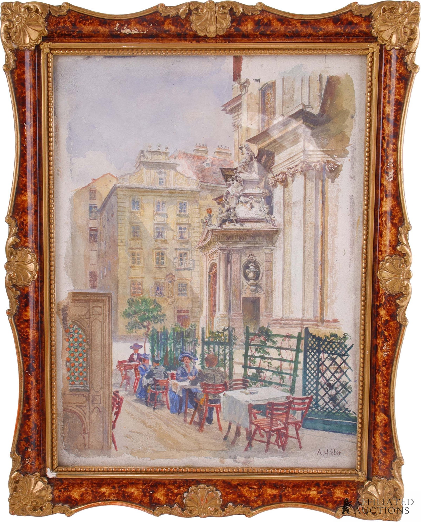 Adolf Hitler Vienna Period Aquarelle Painting: Vienna period Aquarelle, in a spectacular frame with original Gallery stamp on back of Jacob Altenberg (Gallerist of Hitler pre-WW1). 28 x 37 cm including frame. Assumption is that it is depicting Pet