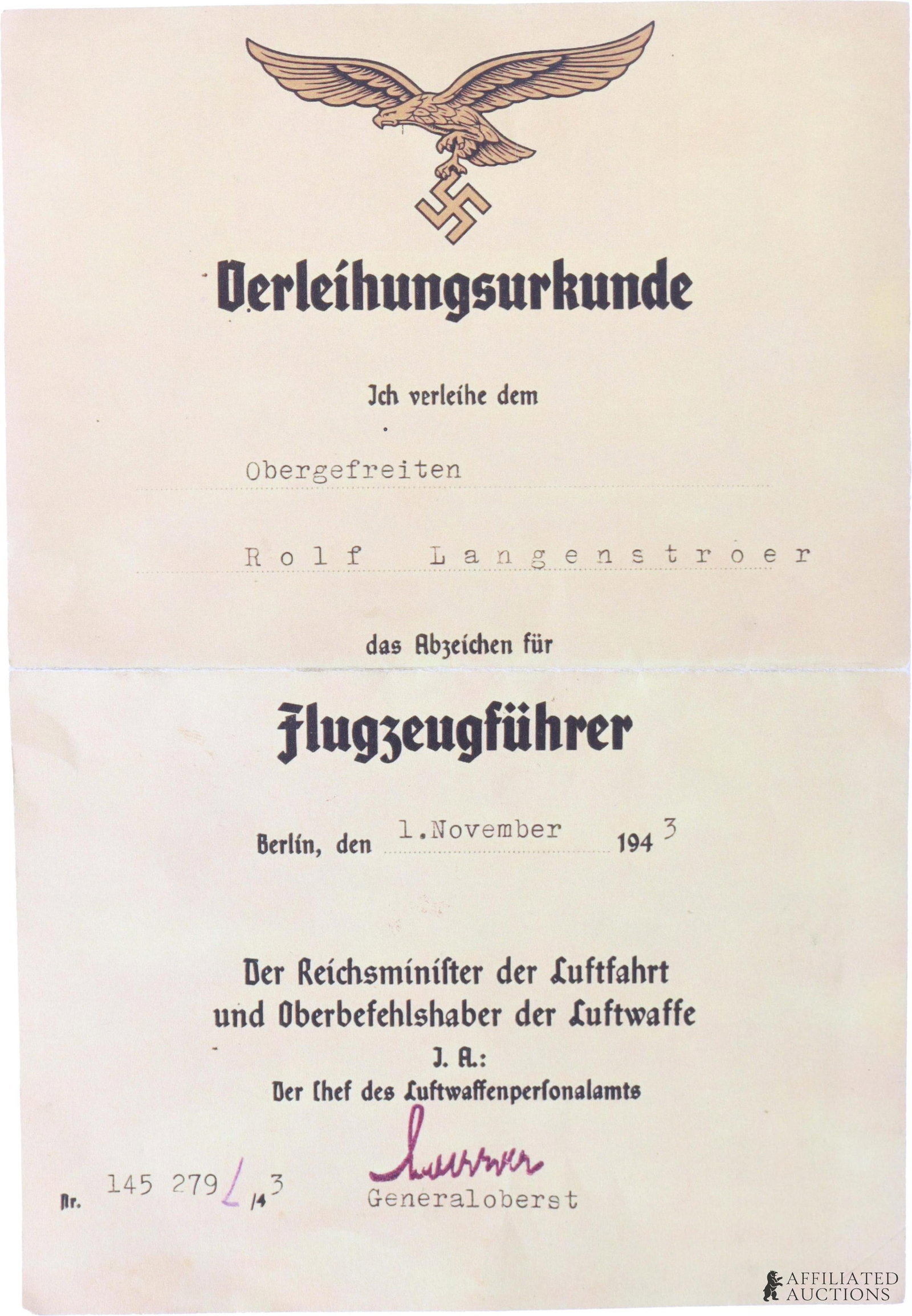 Luftwaffe Award Certificate WWII German Reich (1 of 2)