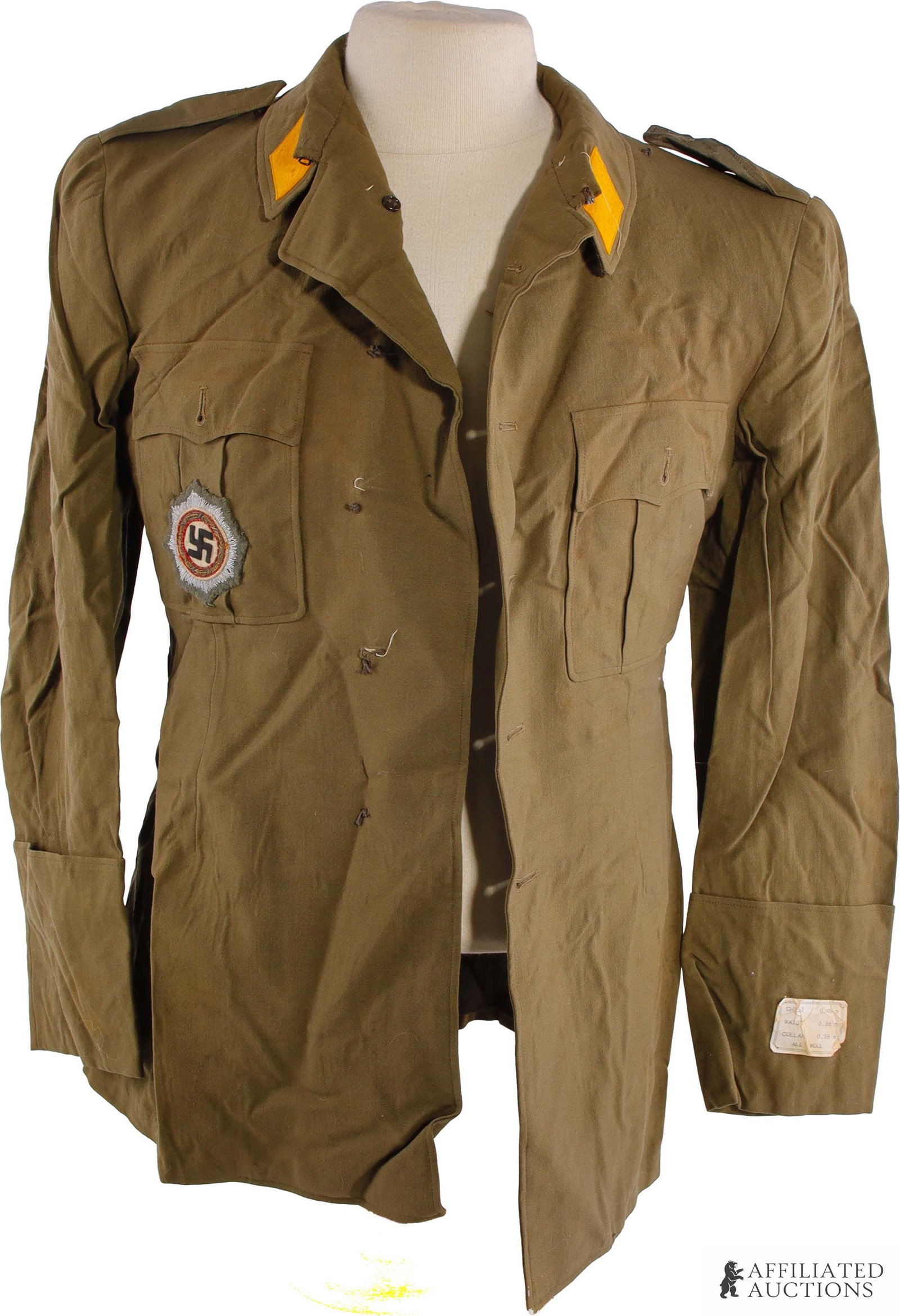 Vintage Military Tunic Uniform WWII German Reich: A vintage green military tunic in the style of WWII-era uniforms, with yellow rhombus patches on the collar, indicative of the Luftwaffe. A UV-fluorescing German cross in gold (DKG) cloth badge on gre