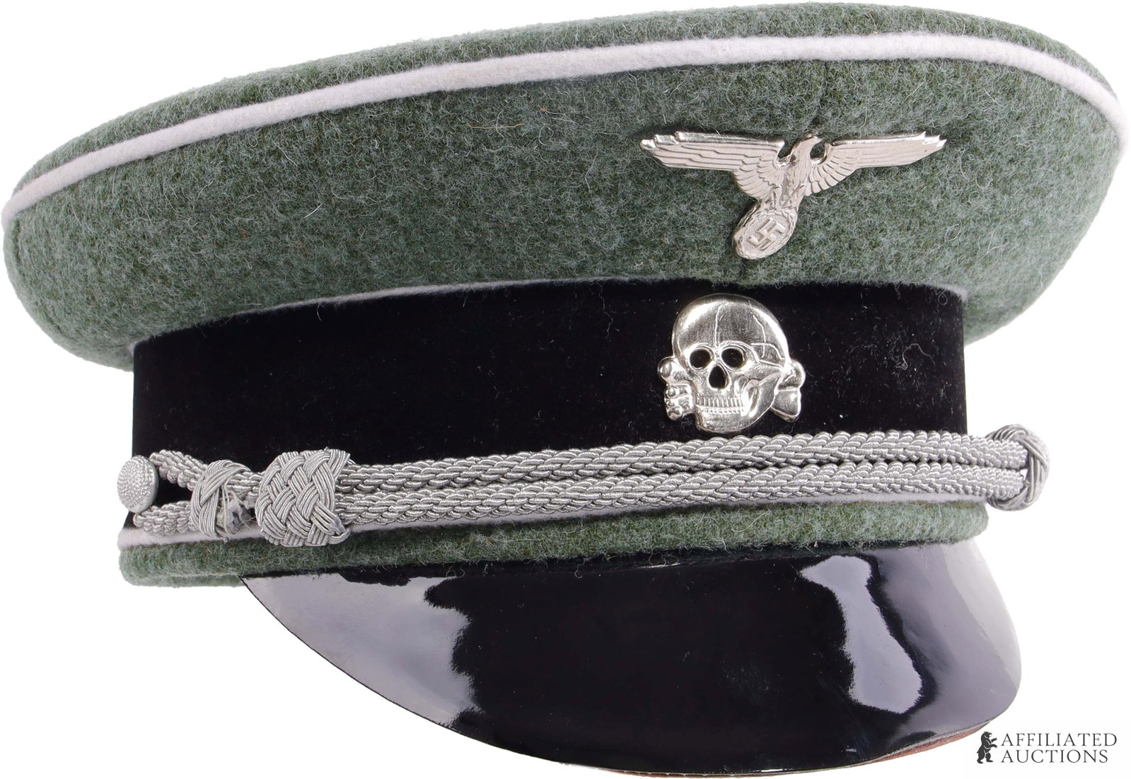 SS Infantry Officer Visor Cap WWII German: SS infantry officer's visor. Totenkopf and reichsadler on front. Green short wool construction with black velvet band and white piping. Sweat shield with SS-Siegrunes mark. Modern replica piece. Size 