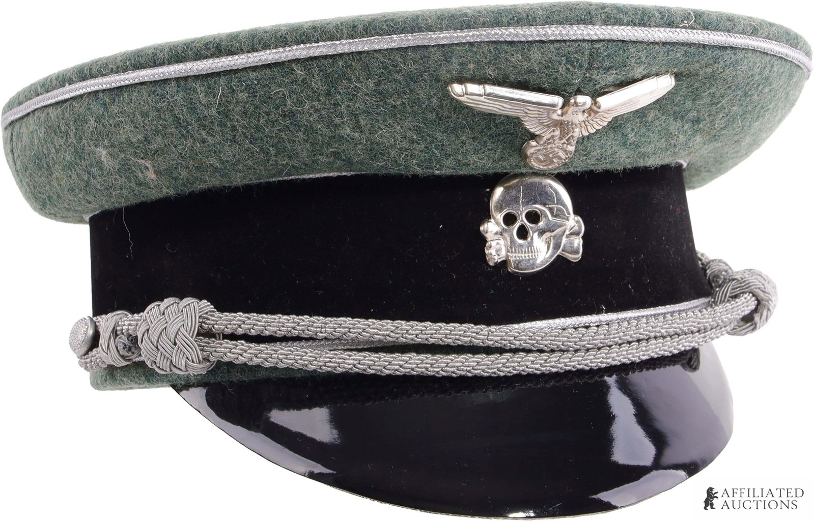 SS Officer Visor Cap WWII German Third Reich: Historical interpreter's SS officer visor. Totenkopf and Reichsadler on front. Green short wool construction with black velvet band and silver bullion piping. Sweat shield with SS-Siegrunes mark. Size