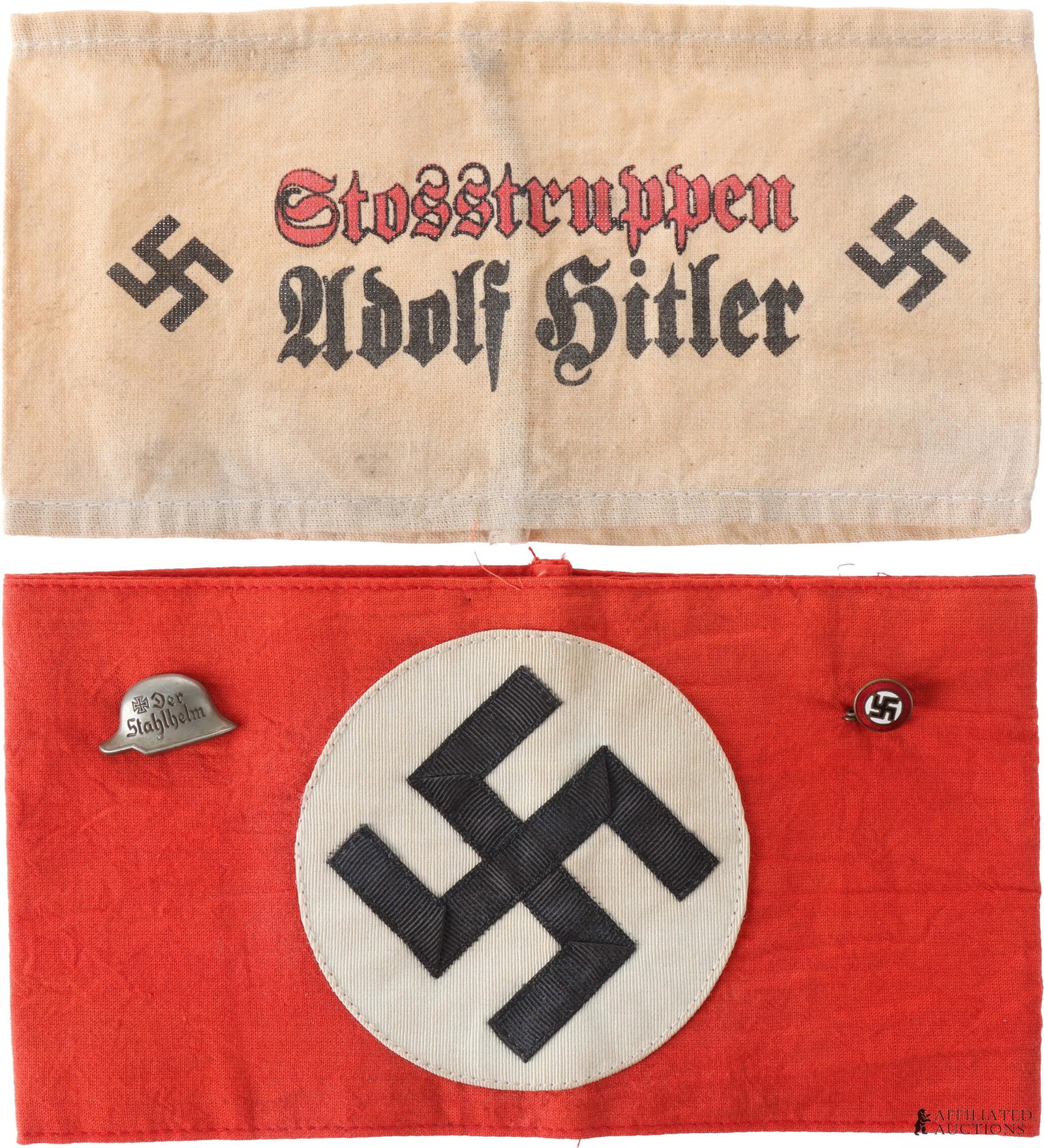 WWII German NSDAP Armband Party Pin Stahlhelm Pin: NSDAP Party armband with early party pin and Stahlhelm pin. Also an early Stosstruppen Adolf Hitler armband. Both early pieces for early party member. Armbands measure 5in x 9in. | This lot has a rese