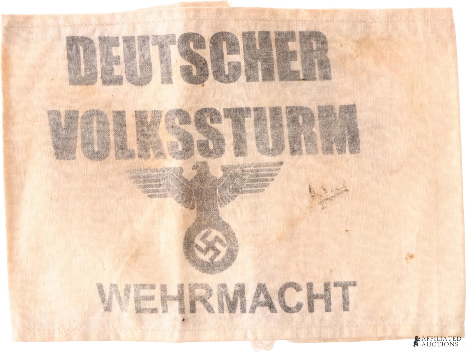 Deutscher Volkssturm Arm Band WWII German: Deutscher Volkssturm Wehrmacht white linen armband. Text printed in black ink. Measures 7.5x5.25 inches laid flat.