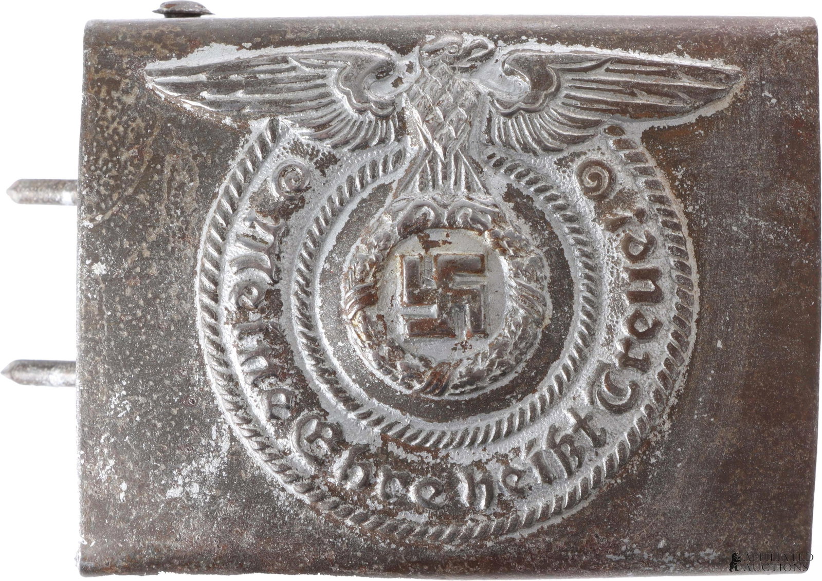 SS EM/NCO Steel Belt Buckle WWII German: A dual-prong SS belt buckle, featuring the official Schutzstaffel motto. Measures 2-5/8 x 2 inches. Unmarked. | This lot has a reserve.