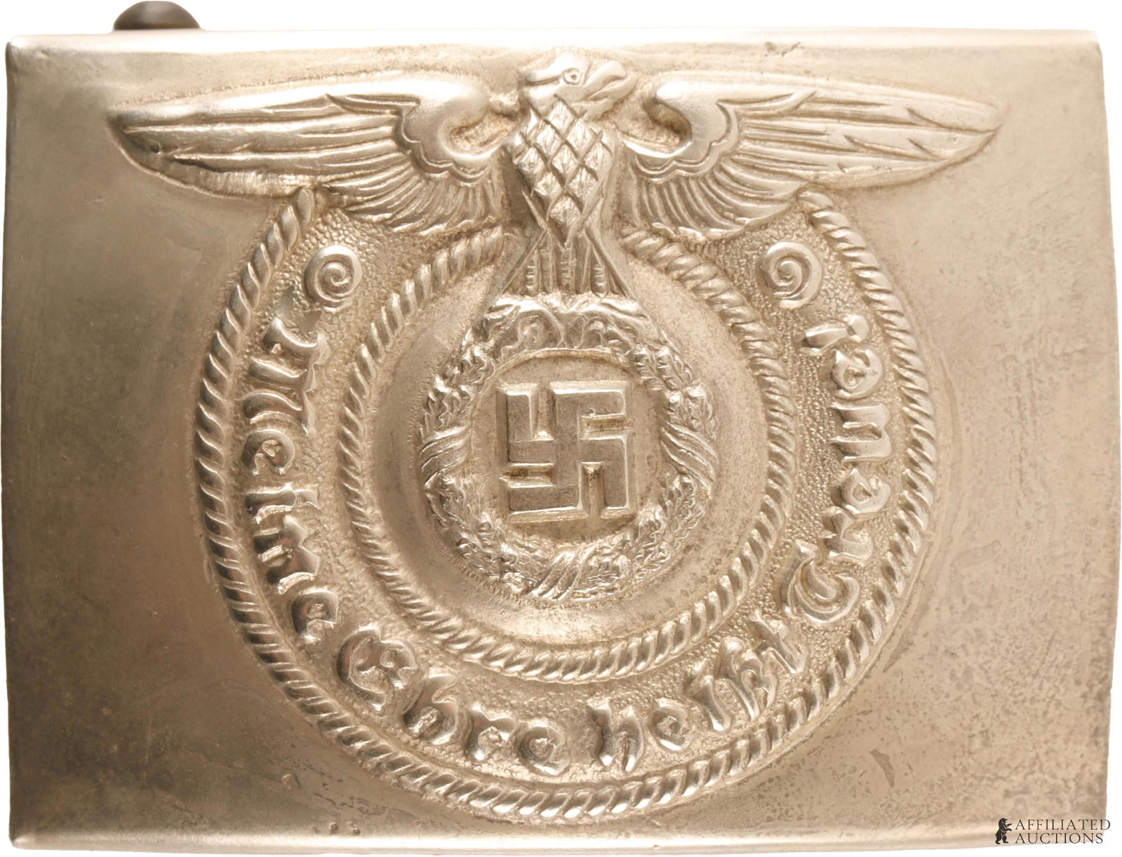 SS Officer Dress Belt Buckle WWII German Reich: Nickel silver belt buckle with SS motto. O & C Ges Gesch make. It measures 2 1/2 inches. Non-magnetic body. | This lot has a reserve.