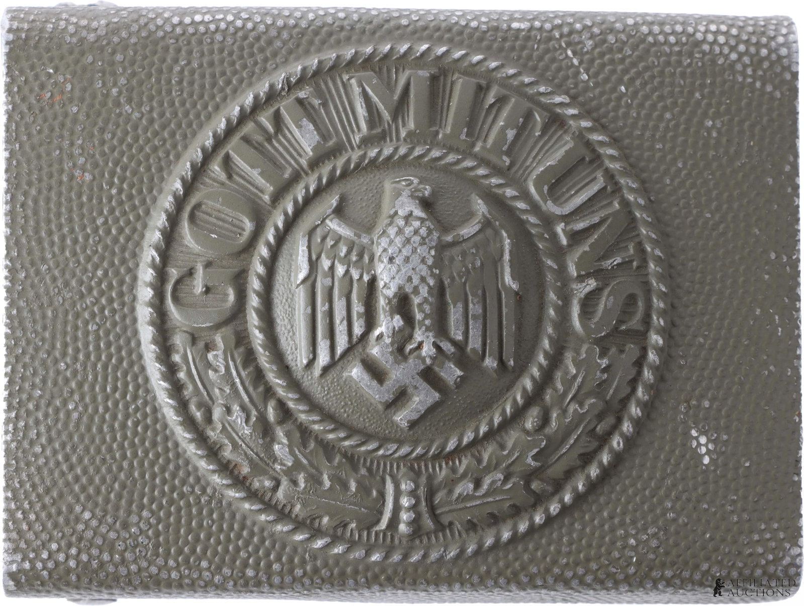WWII German Reich Heer Belt Buckle: Heer EM/NCO belt buckle of pebbled aluminum painted grey-green. Reverse has maker's mark of Dr. Franke & Co.