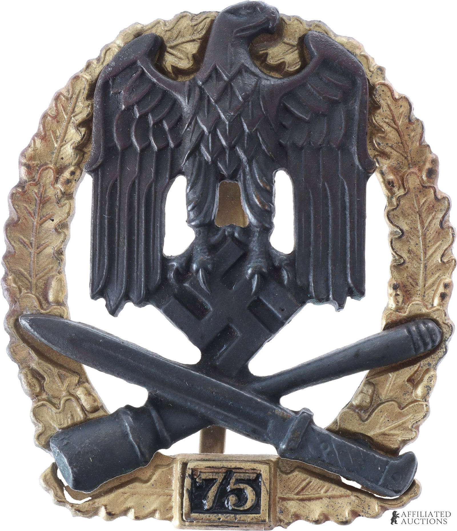 General Assault 75 Engagements Badge Josef Feix: WWII German General Assault 75 Engagements Badge. Solid-struck of zinc alloy. Blackened zinc eagle affixed to gilt wreath. Reverse has maker's mark "JFS" (Josef Feix & Sohne) as well as four domed riv