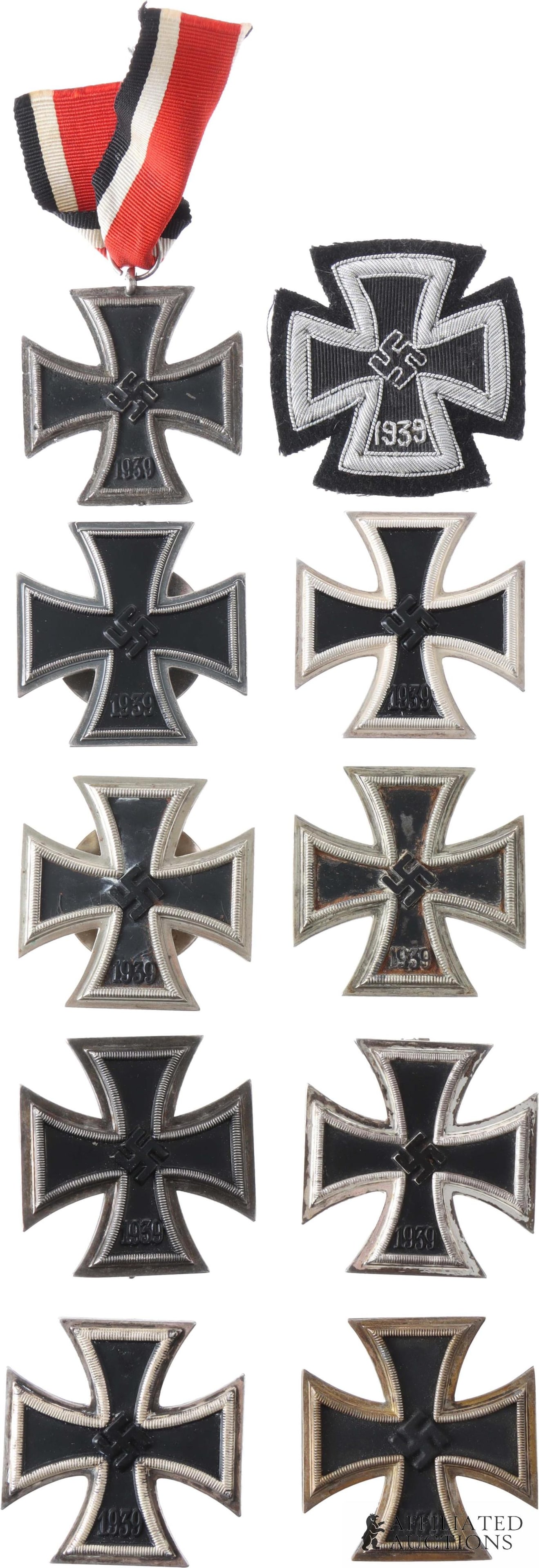 WWII Iron Cross Collection 1939 EK1 Lot of 10 Pcs: Personal collection of ten (10) Iron Cross award badges. Includes one Iron Cross, 2nd Class, one embroidered metallic wire patch, and eight Iron Cross, First Class. Of the EK1 badges, six have vertica