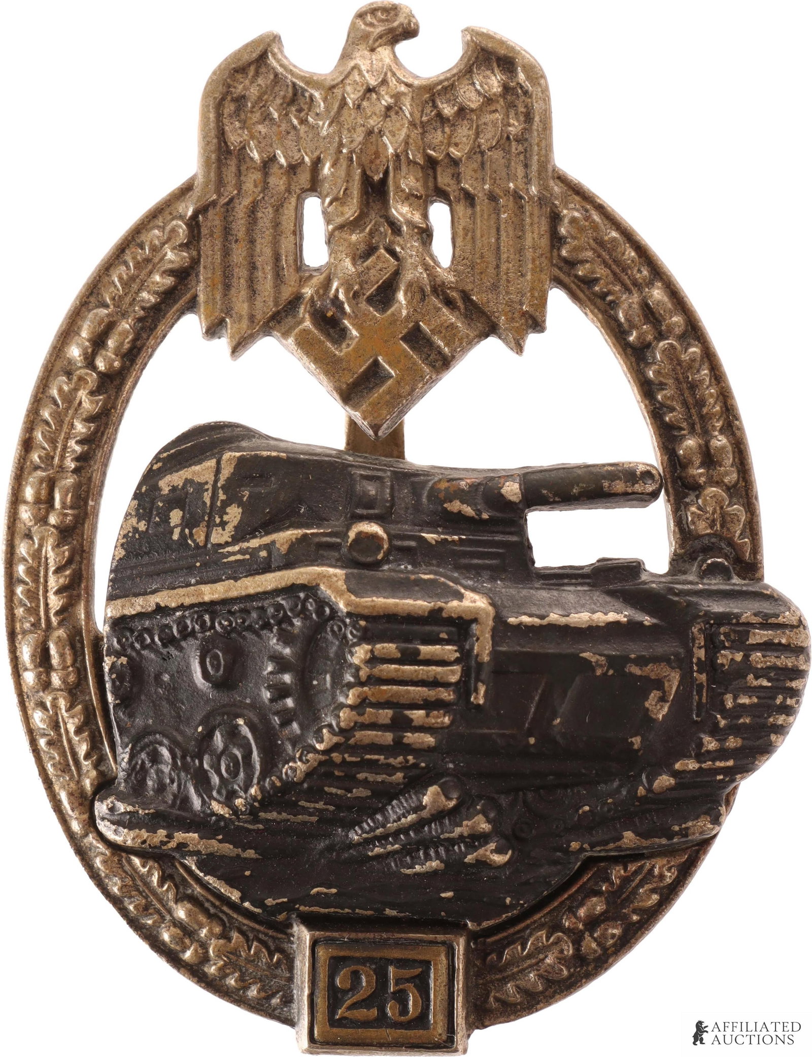 Panzer Assault Badge Bronze 25 Engagements WWII: A WWII panzer assault badge in bronze, given to commemorate 25 engagements. Measures approximately 2.5x2 inches. Unmarked. | This lot has a reserve.